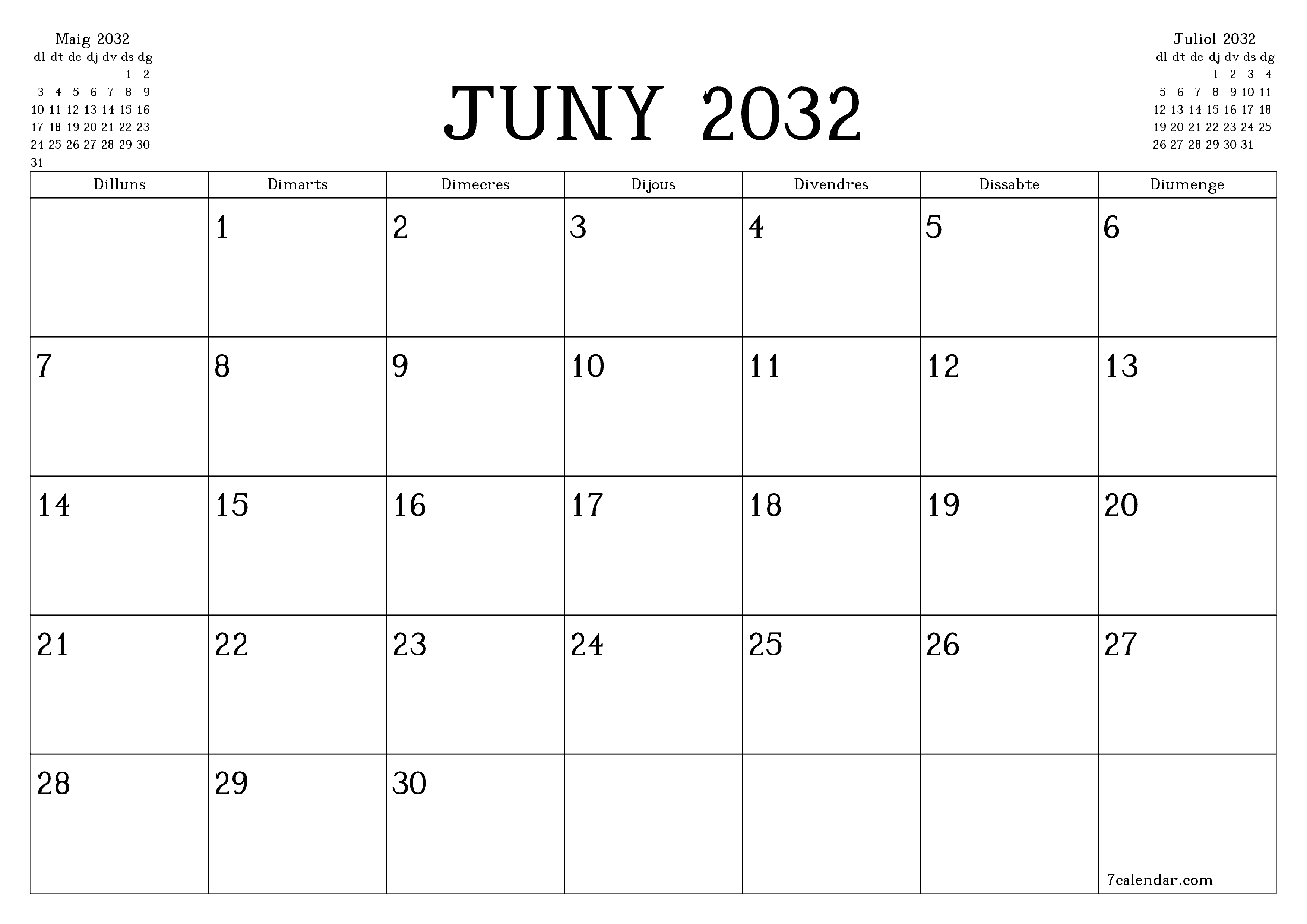 Planificador mensual buit del mes Juny 2032 amb notes, deseu-lo i imprimiu-lo en format PDF PNG Catalan