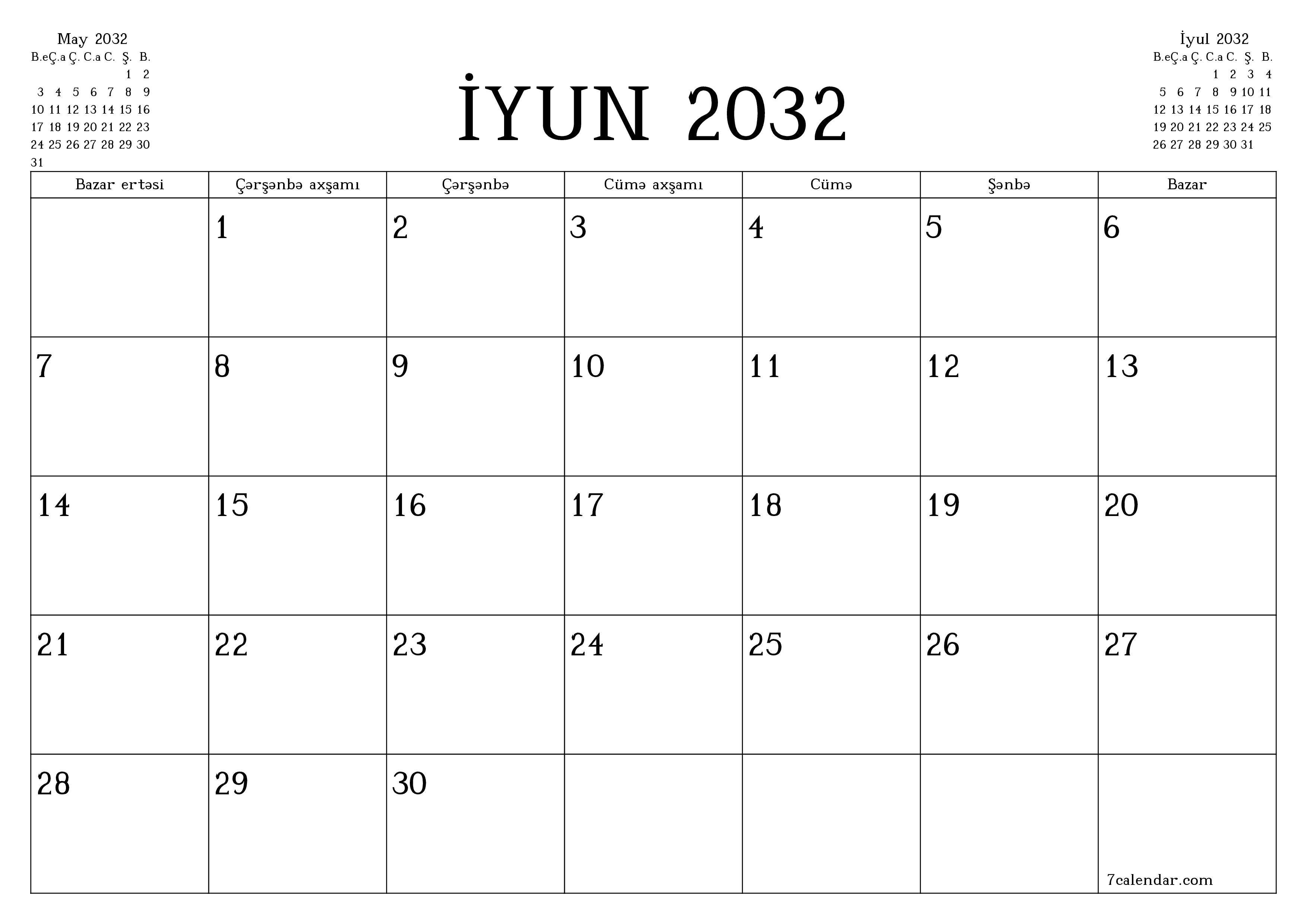 İyun 2032 ayı üçün qeydlər ilə boş aylıq planlayıcı, qeyd edin və PDF-ə yazdırın PNG Azerbaijani