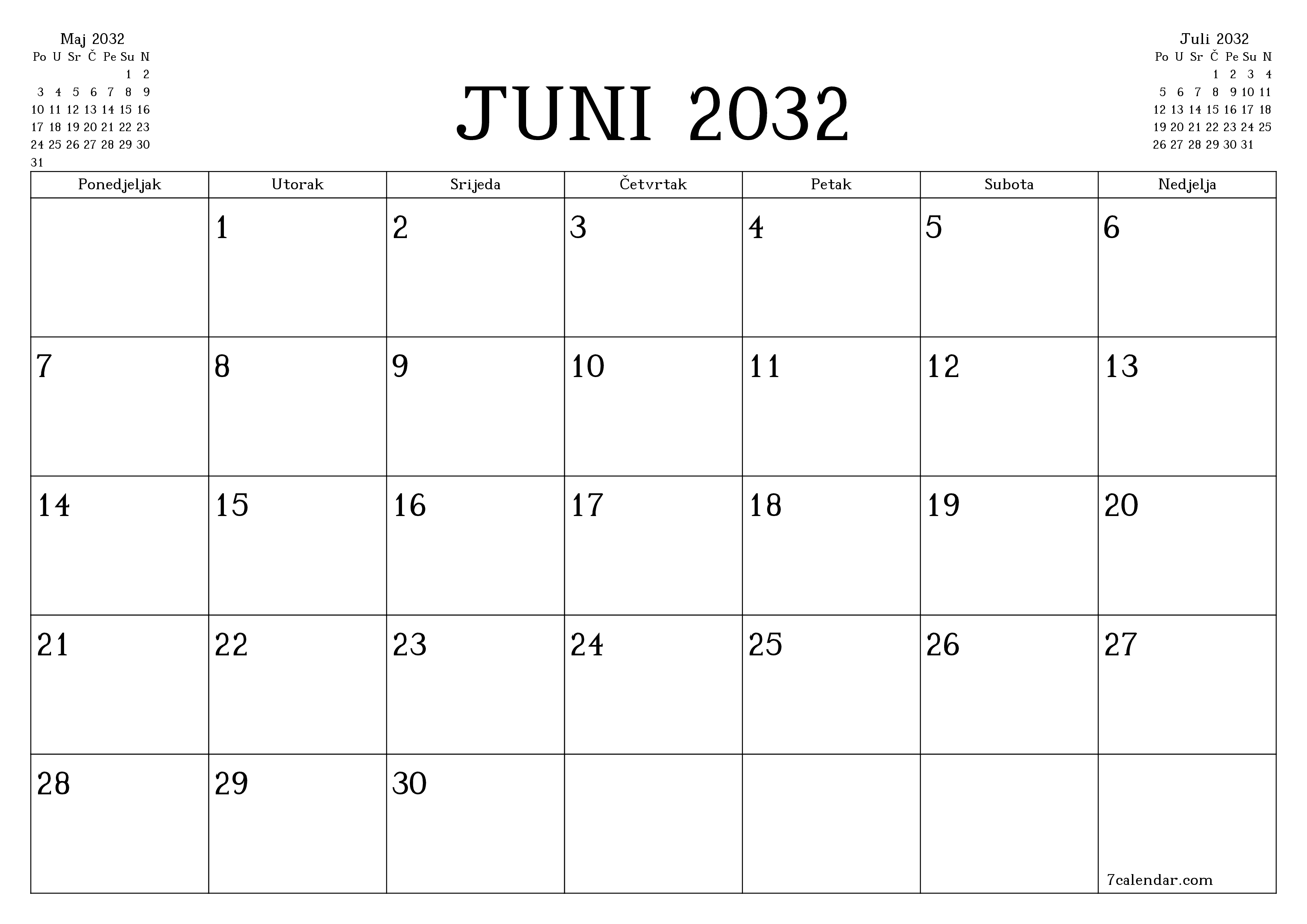 Ispraznite mjesečni planer za mjesec Juni 2032 s bilješkama, spremite i ispišite u PDF PNG Bosnian