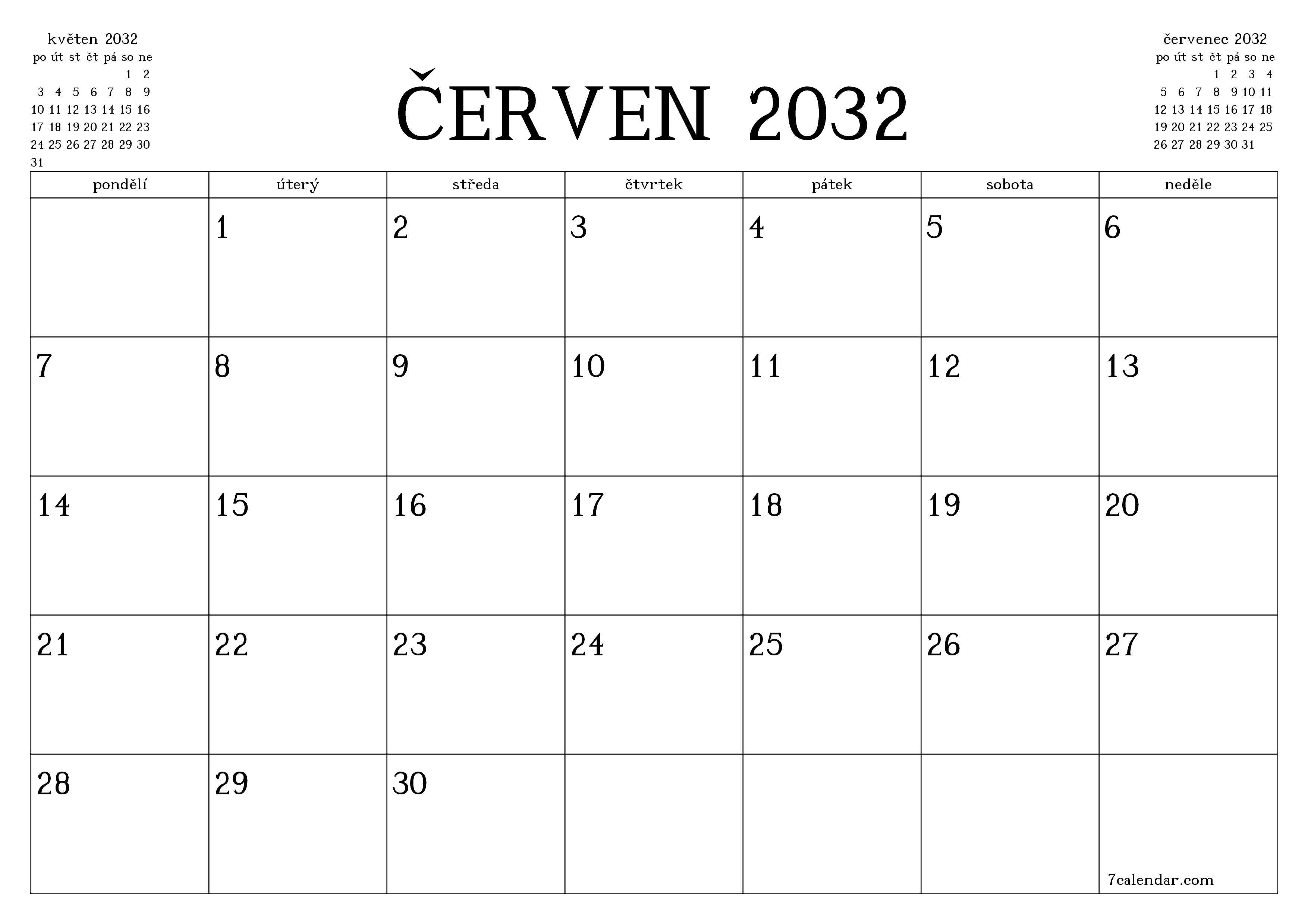 Vyprázdnit měsíční plánovač na měsíc červen 2032 s poznámkami, uložit a vytisknout do PDF PNG Czech