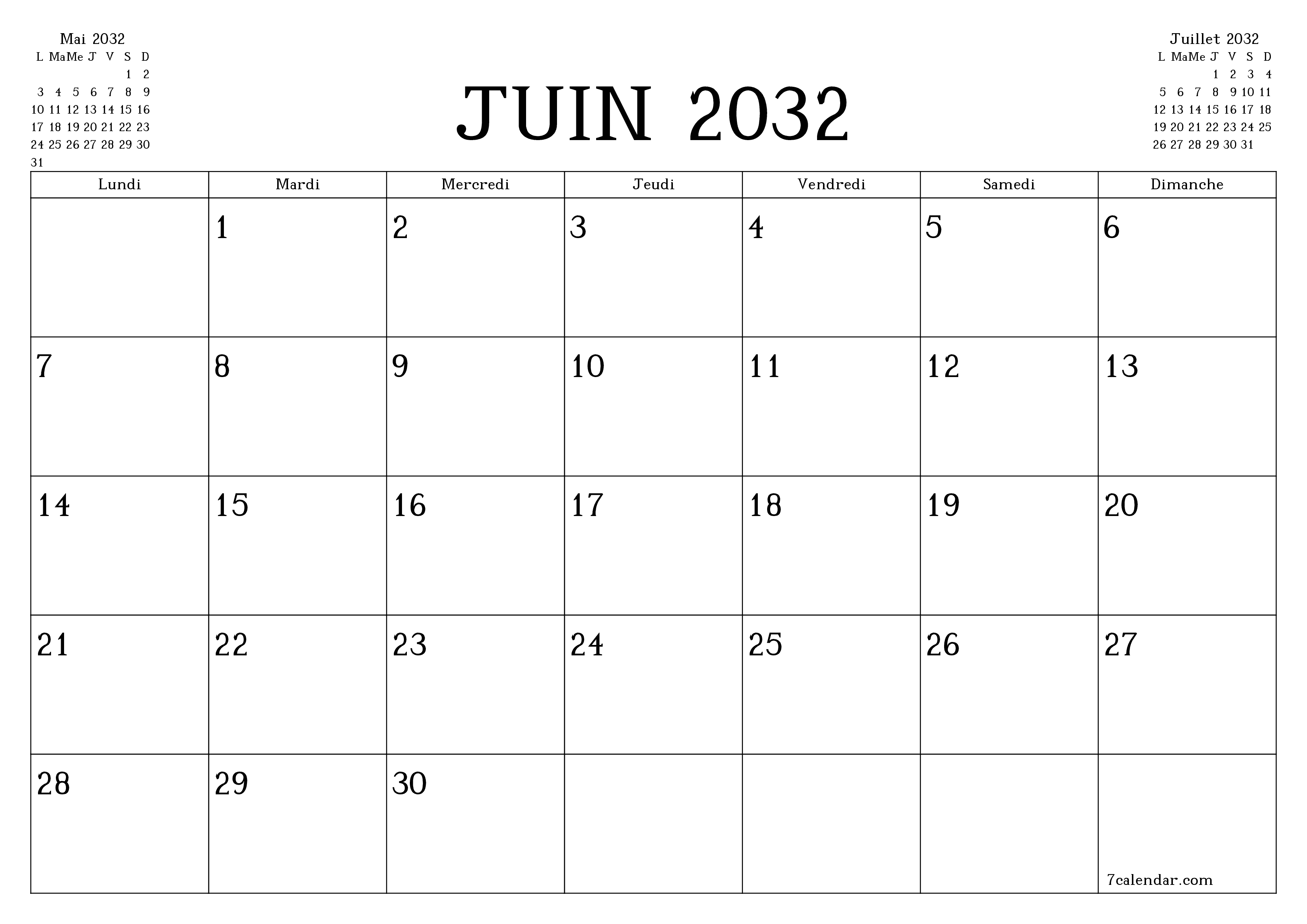 Agenda mensuel vide pour le mois Juin 2032 avec notes, enregistrez et imprimez au format PDF PNG French
