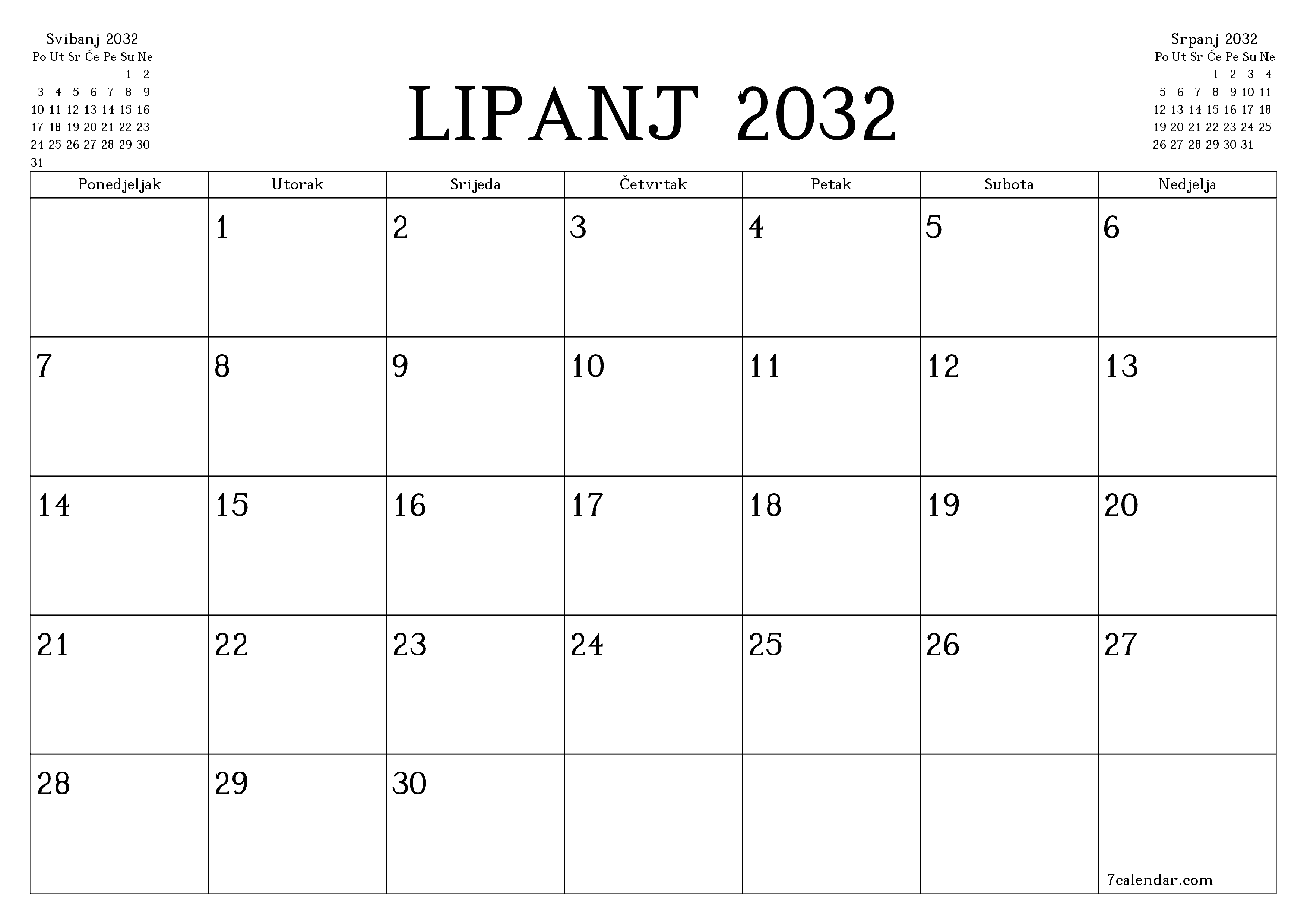 Ispraznite mjesečni planer za mjesec Lipanj 2032 s bilješkama, spremite i ispišite u PDF PNG Croatian