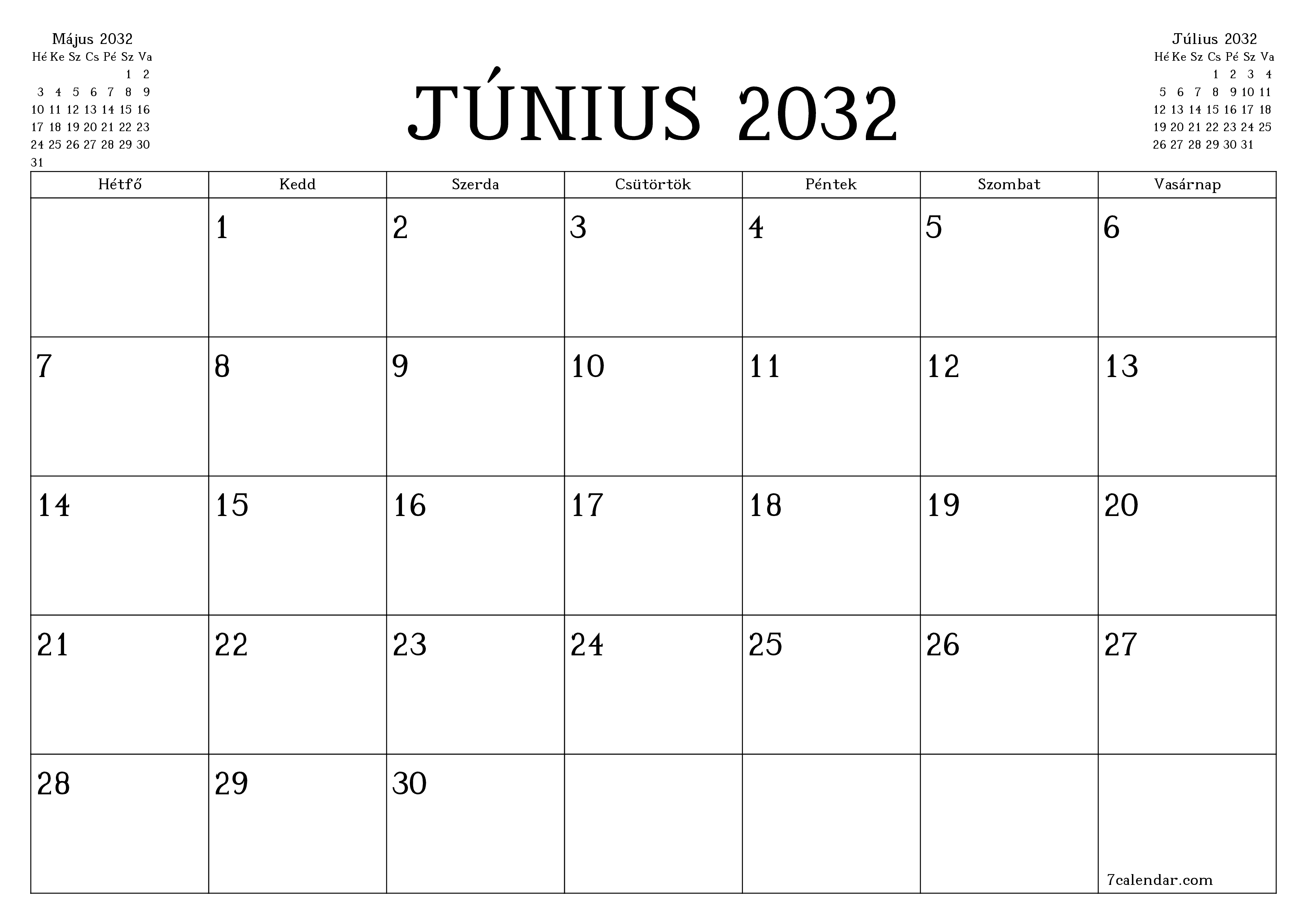 Üres havi tervező a Június 2032 hónapra jegyzetekkel, mentés és nyomtatás PDF-be PNG Hungarian