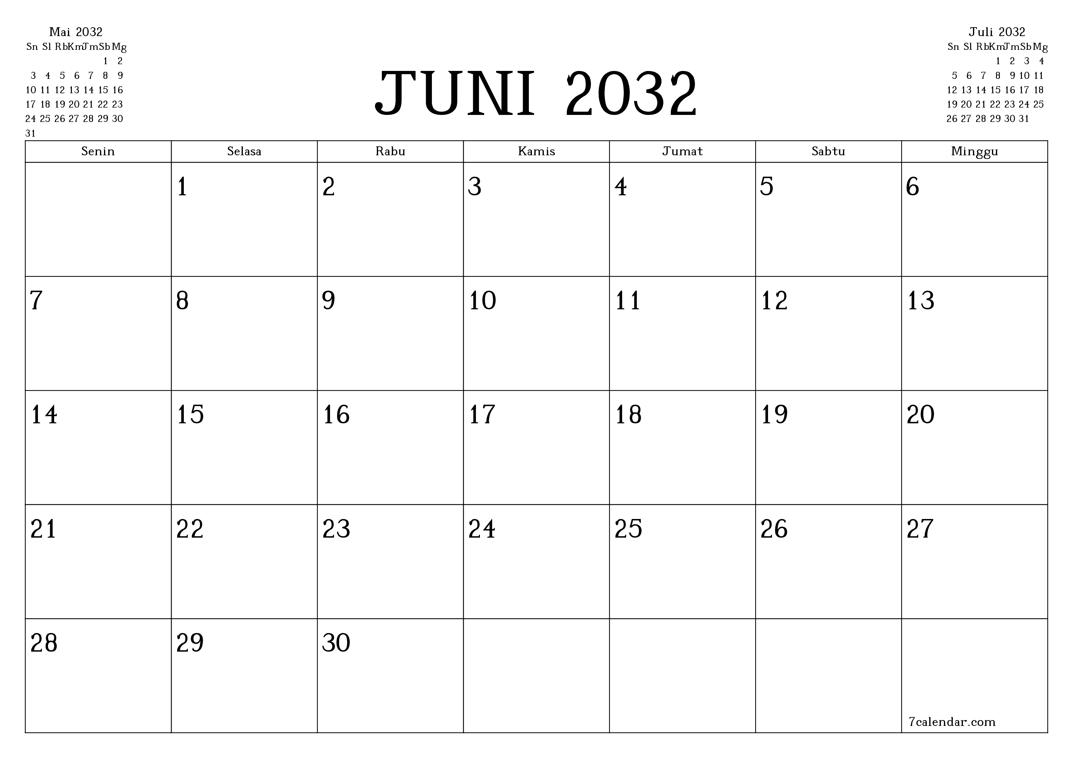 Kosongkan agenda bulanan untuk bulan Juni 2032 dengan catatan, simpan dan cetak ke PDF PNG Indonesian