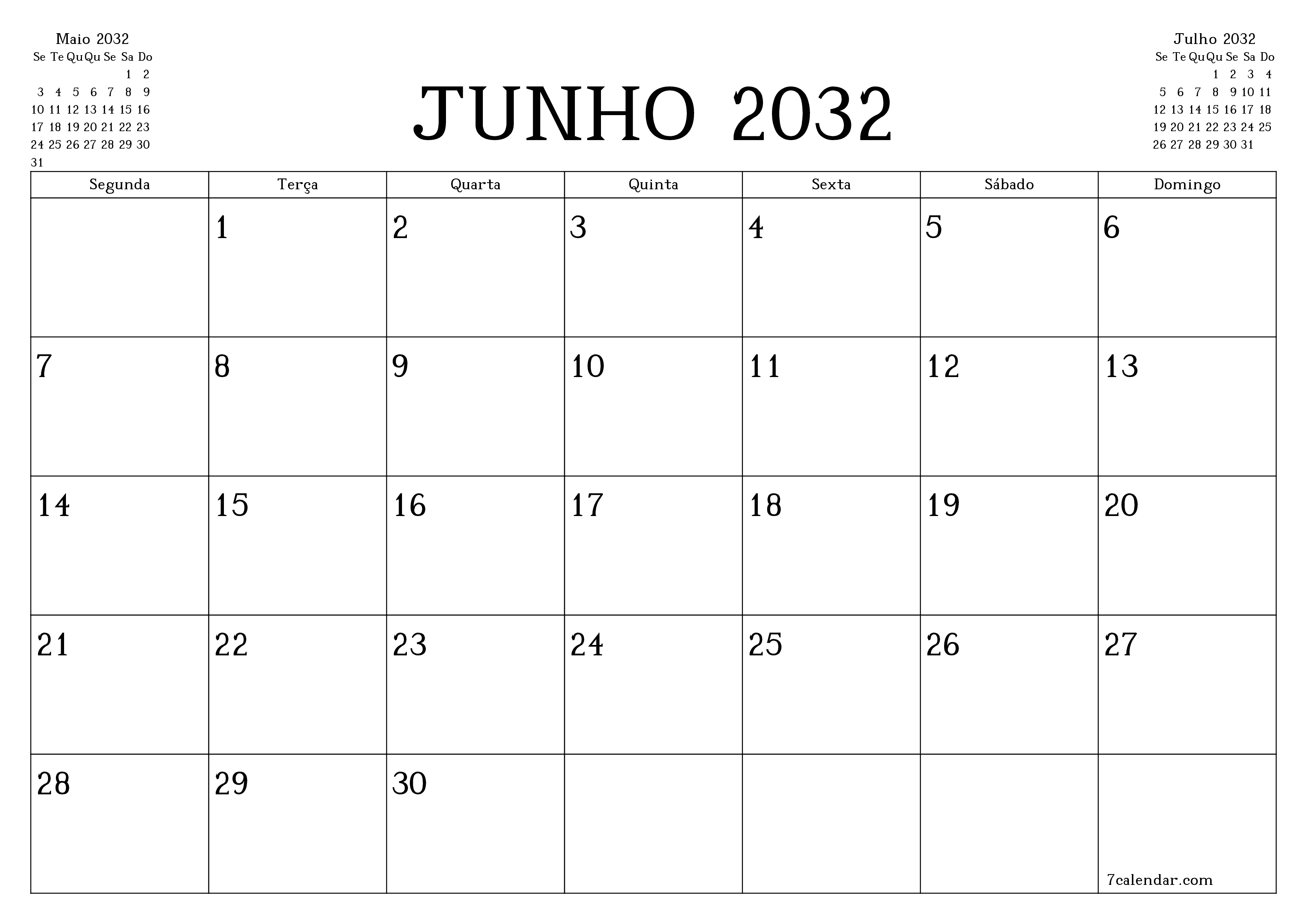 Esvazie o planejador mensal para o mês Junho 2032 com notas, salve e imprima em PDF PNG Portuguese