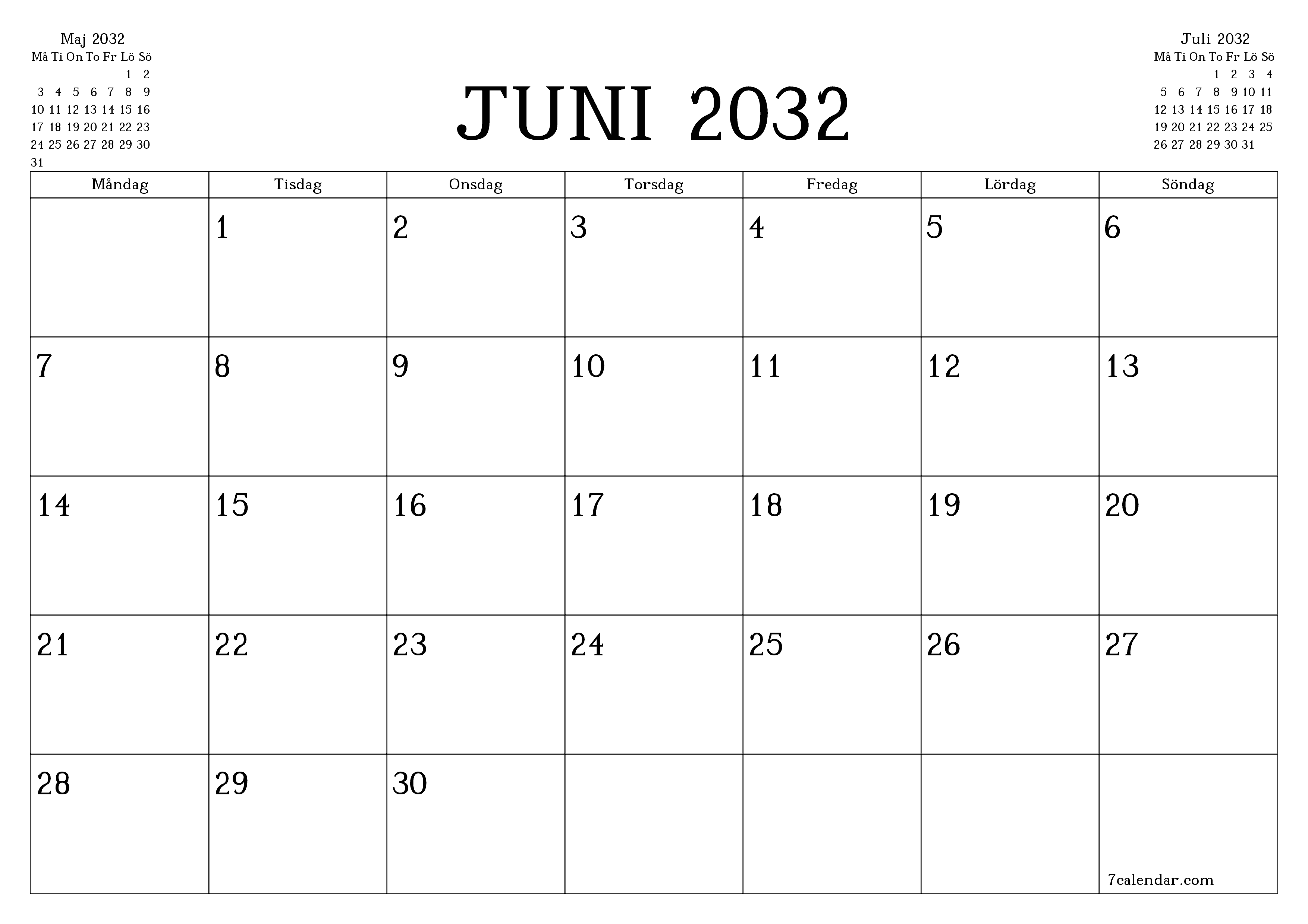 Tom månadsplanerare för månad Juni 2032 med anteckningar, spara och skriv ut till PDF PNG Swedish
