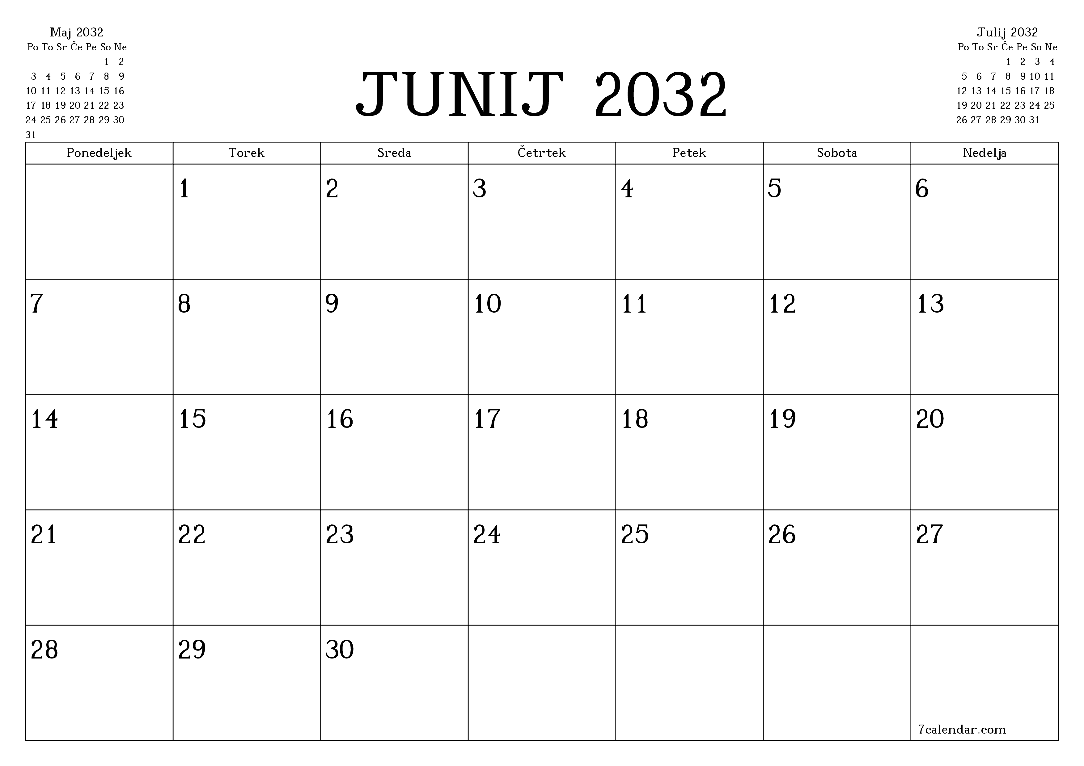 Prazen mesečni načrtovalec koledarja za mesec Junij 2032 z opombami, natisnjenimi v PDF PNG Slovenian