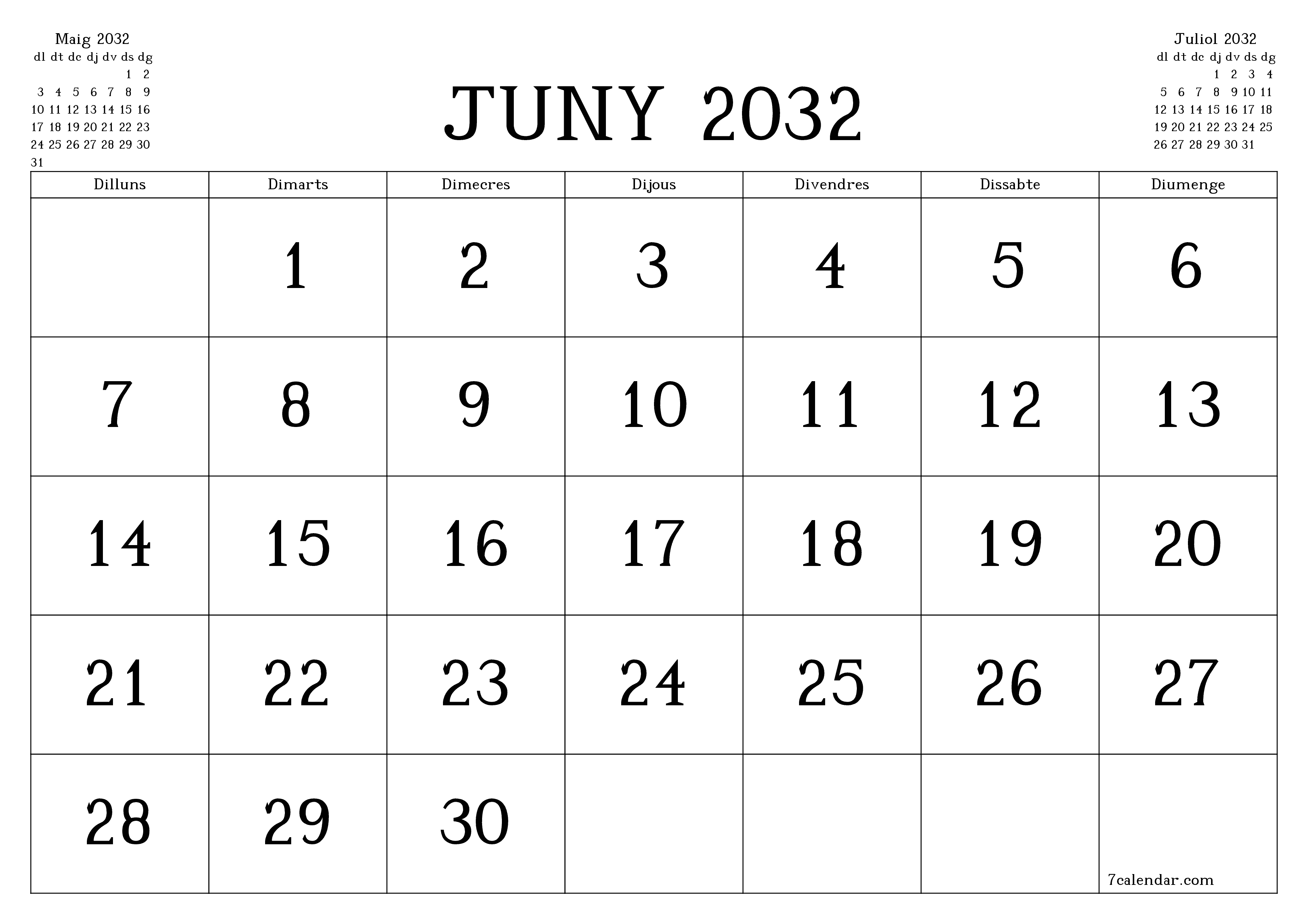 Planificador mensual buit del mes Juny 2032 amb notes, deseu-lo i imprimiu-lo en format PDF PNG Catalan