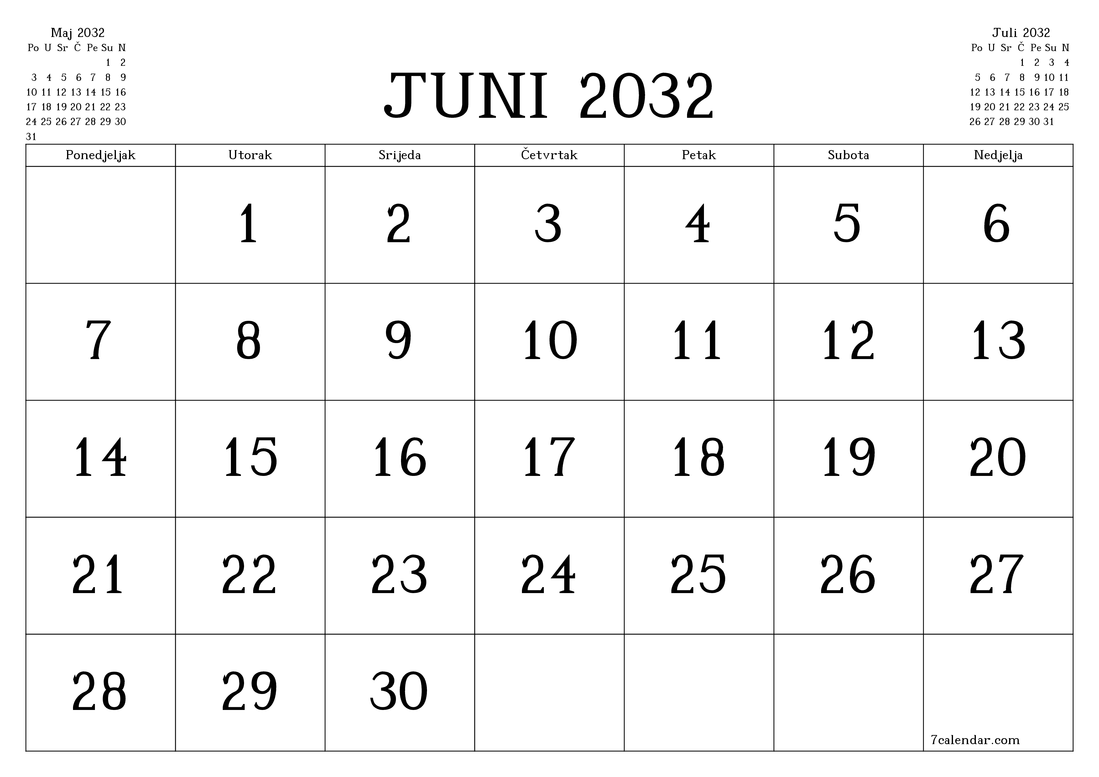 Ispraznite mjesečni planer za mjesec Juni 2032 s bilješkama, spremite i ispišite u PDF PNG Bosnian