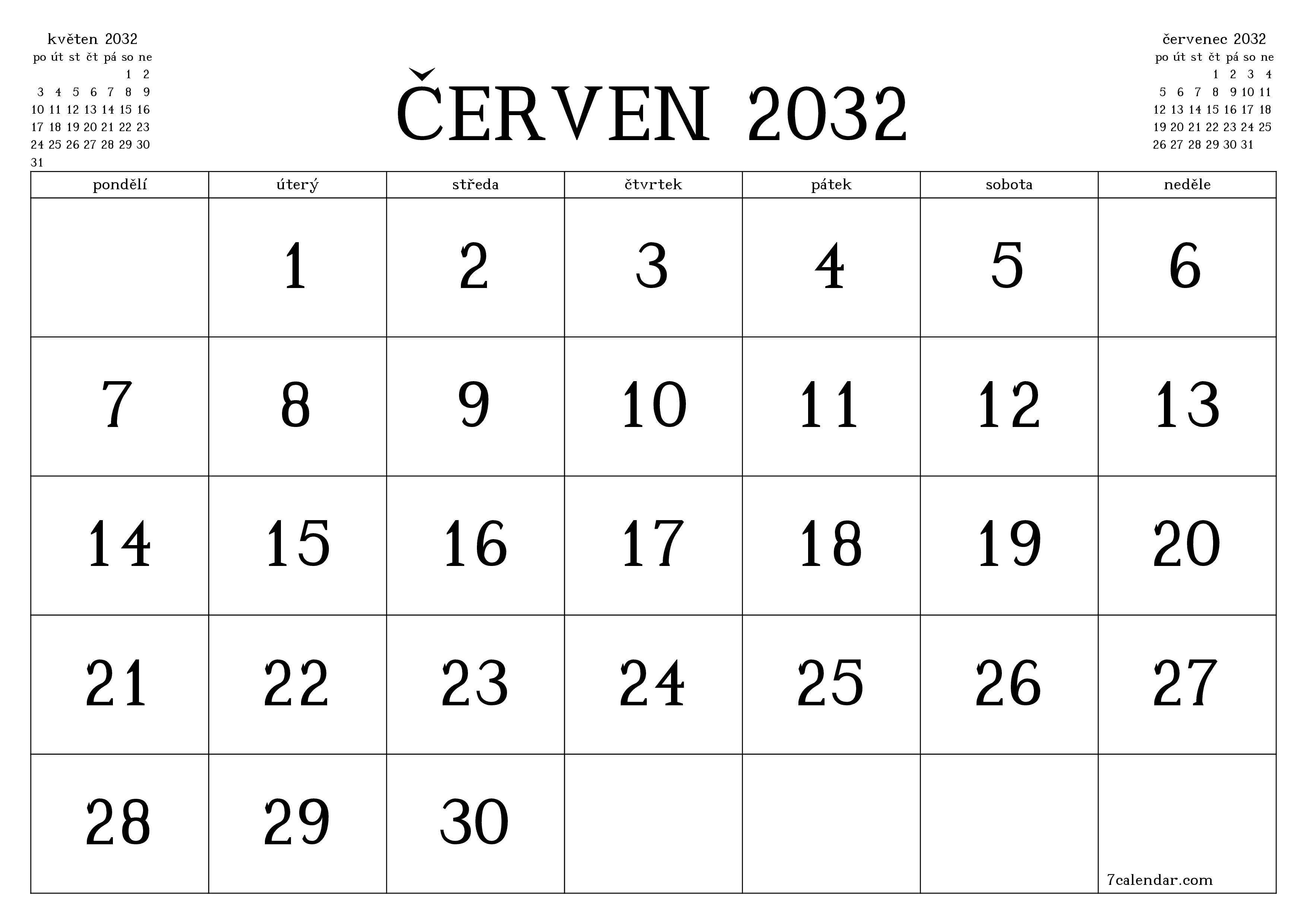 Vyprázdnit měsíční plánovač na měsíc červen 2032 s poznámkami, uložit a vytisknout do PDF PNG Czech