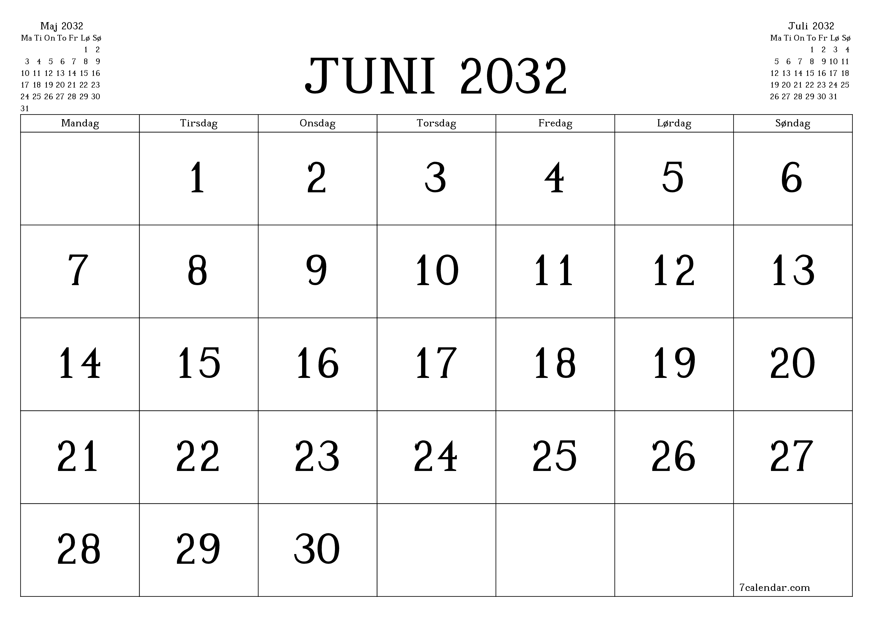 Tom månedlig planlægning for måned Juni 2032 med noter, gem og udskriv til PDF PNG Danish