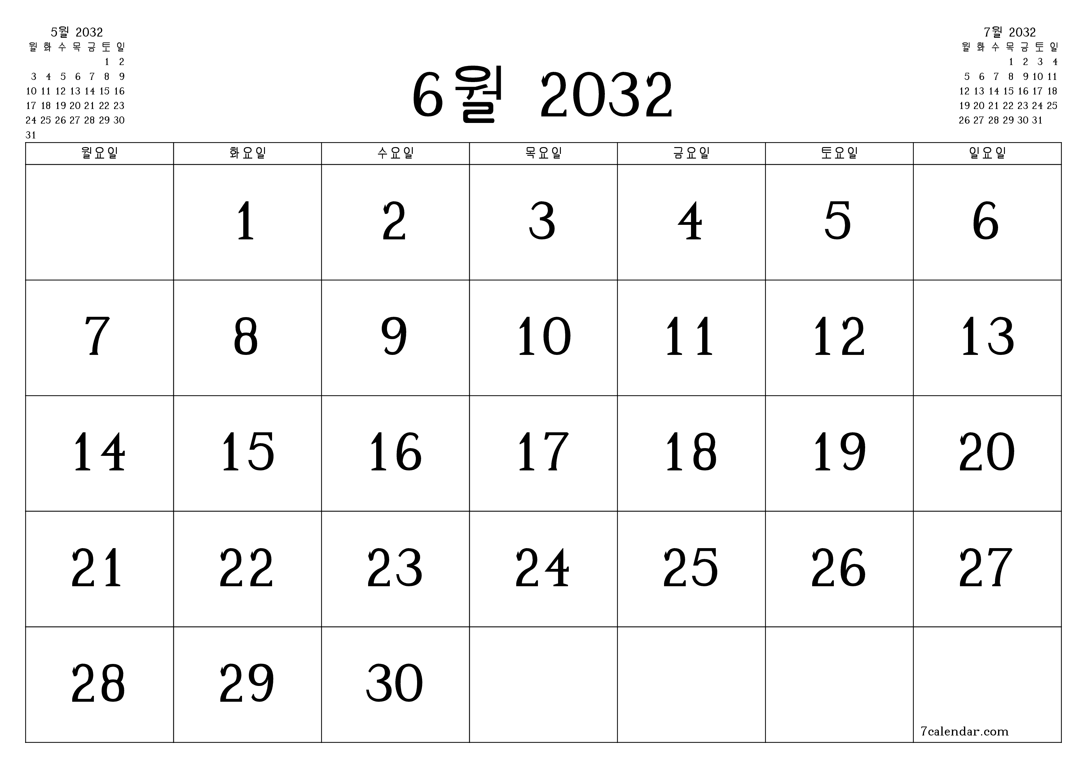 메모가있는 6월 2032 월의 월간 플래너 비우기, PDF PNG Korean-7calendar.com으로 저장 및 인쇄