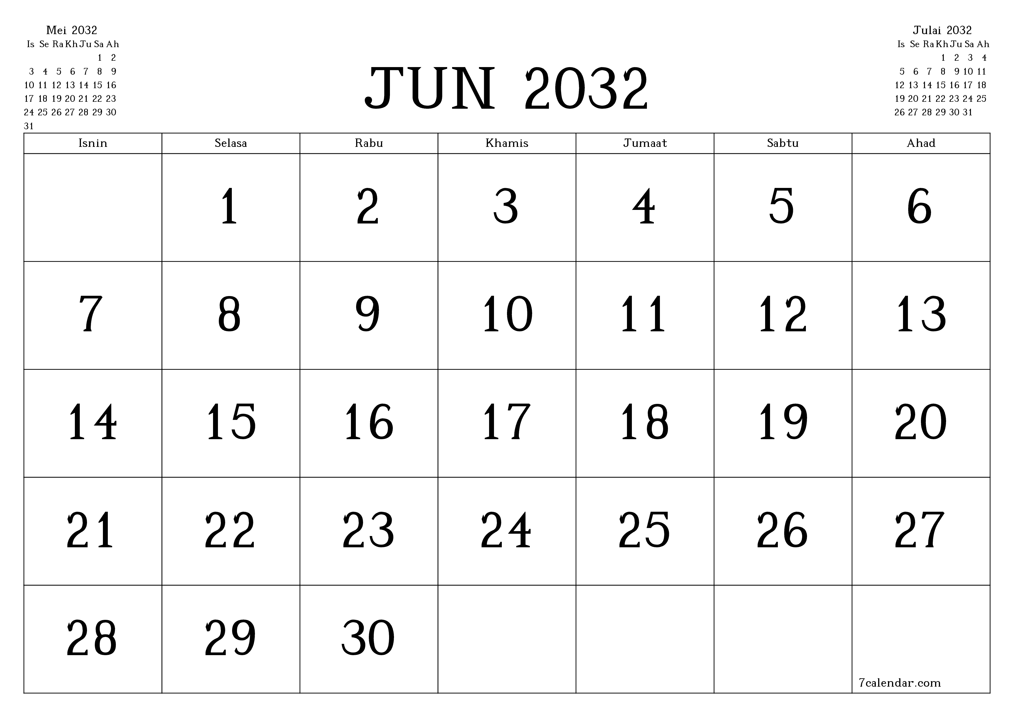 Perancang bulanan kosong untuk bulan Jun 2032 dengan nota, simpan dan cetak ke PDF PNG Malay