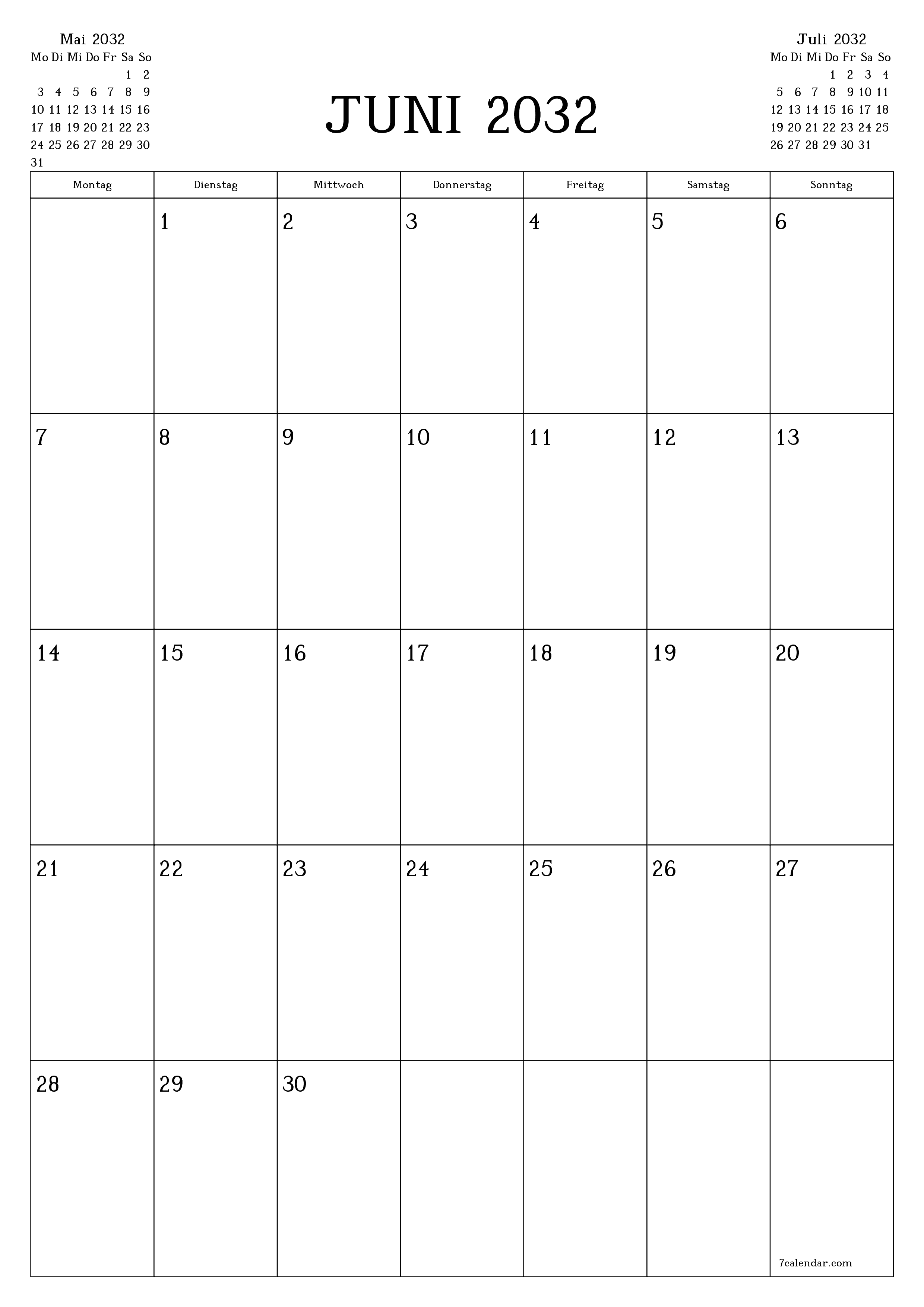  zum Ausdrucken Wandkalender vorlage kostenloser vertikal Monatlich Planer Kalender Juni (Jun) 2032