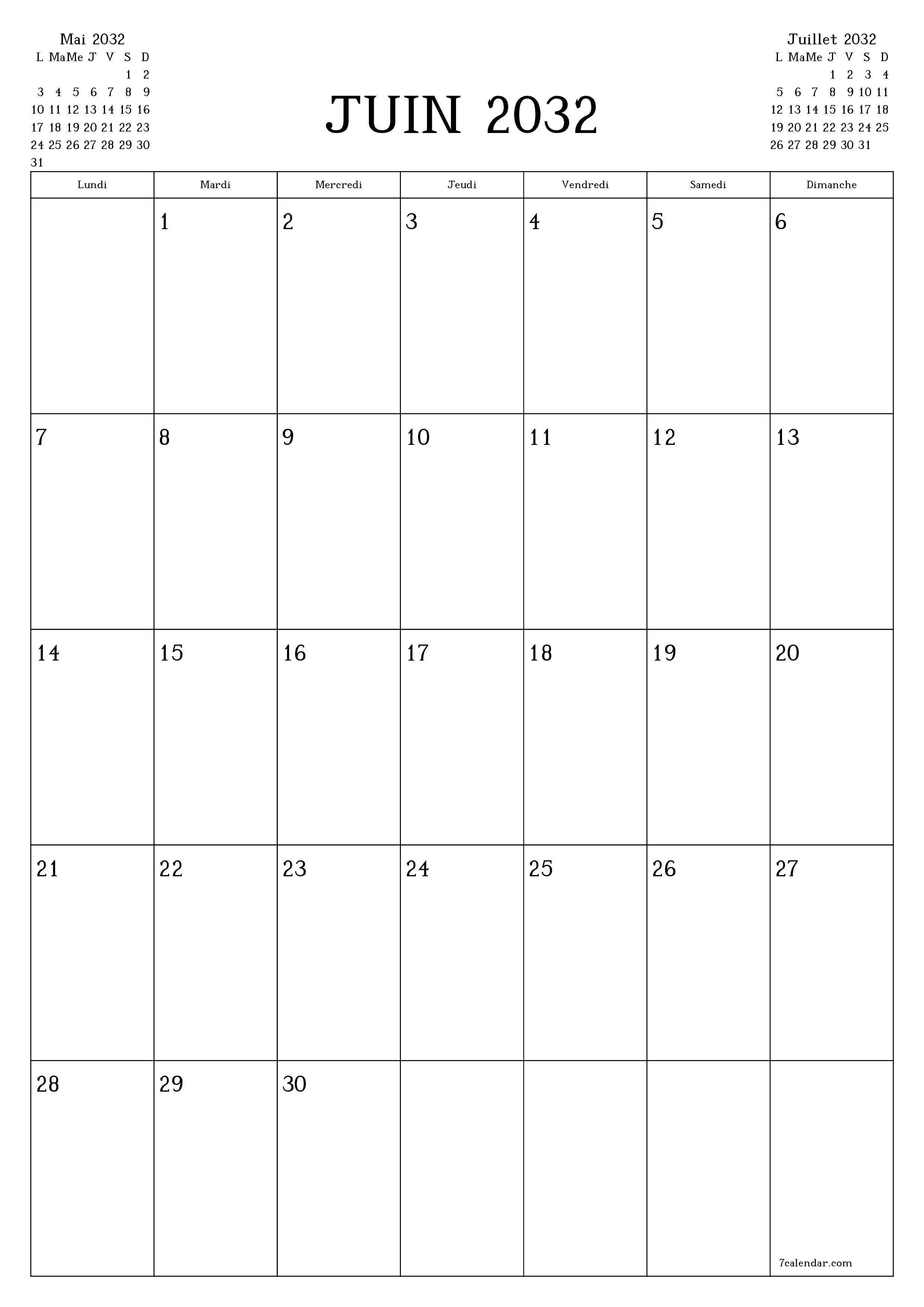  imprimable mural modèle de gratuitverticale Mensuel planificateur calendrier Juin (Jui) 2032