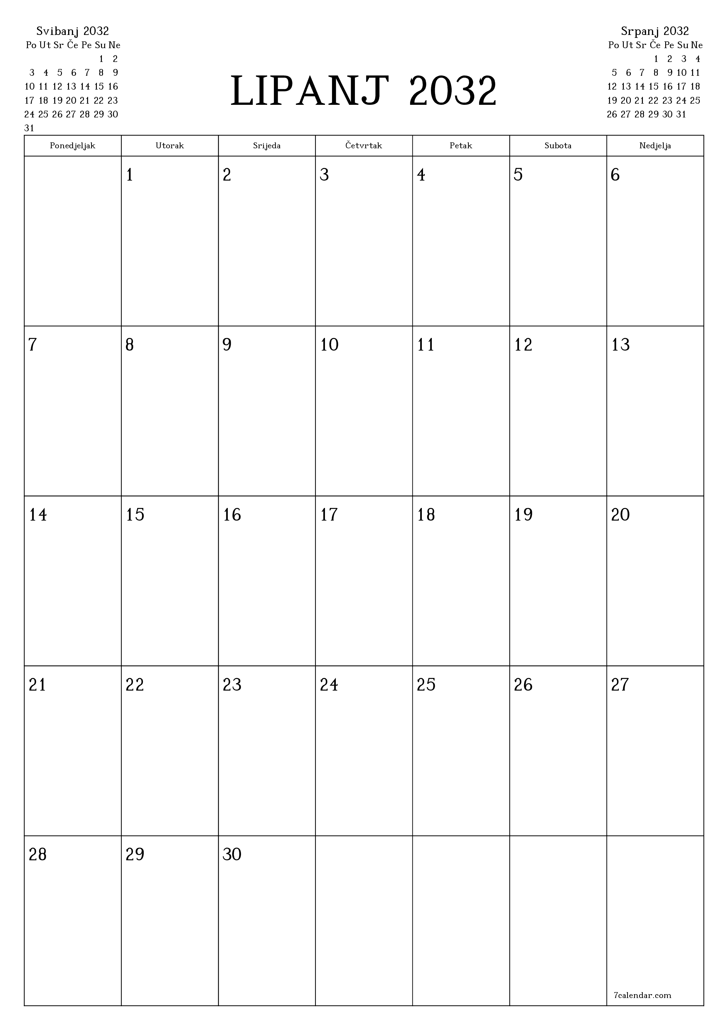  za ispis zidni predložak a besplatni okomito Mjesečni planer kalendar Lipanj (Lip) 2032