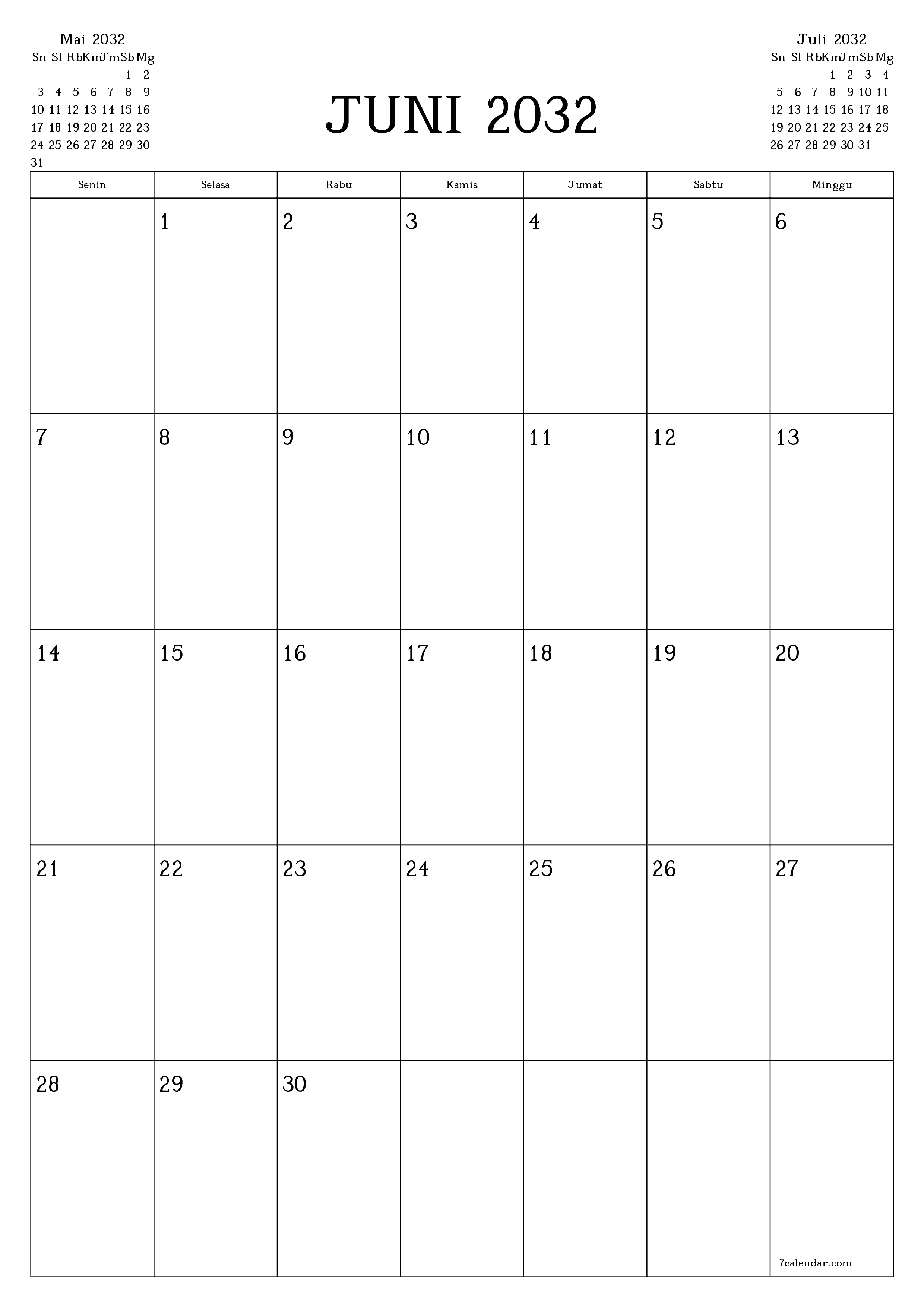Kosongkan agenda bulanan untuk bulan Juni 2032 dengan catatan, simpan dan cetak ke PDF PNG Indonesian