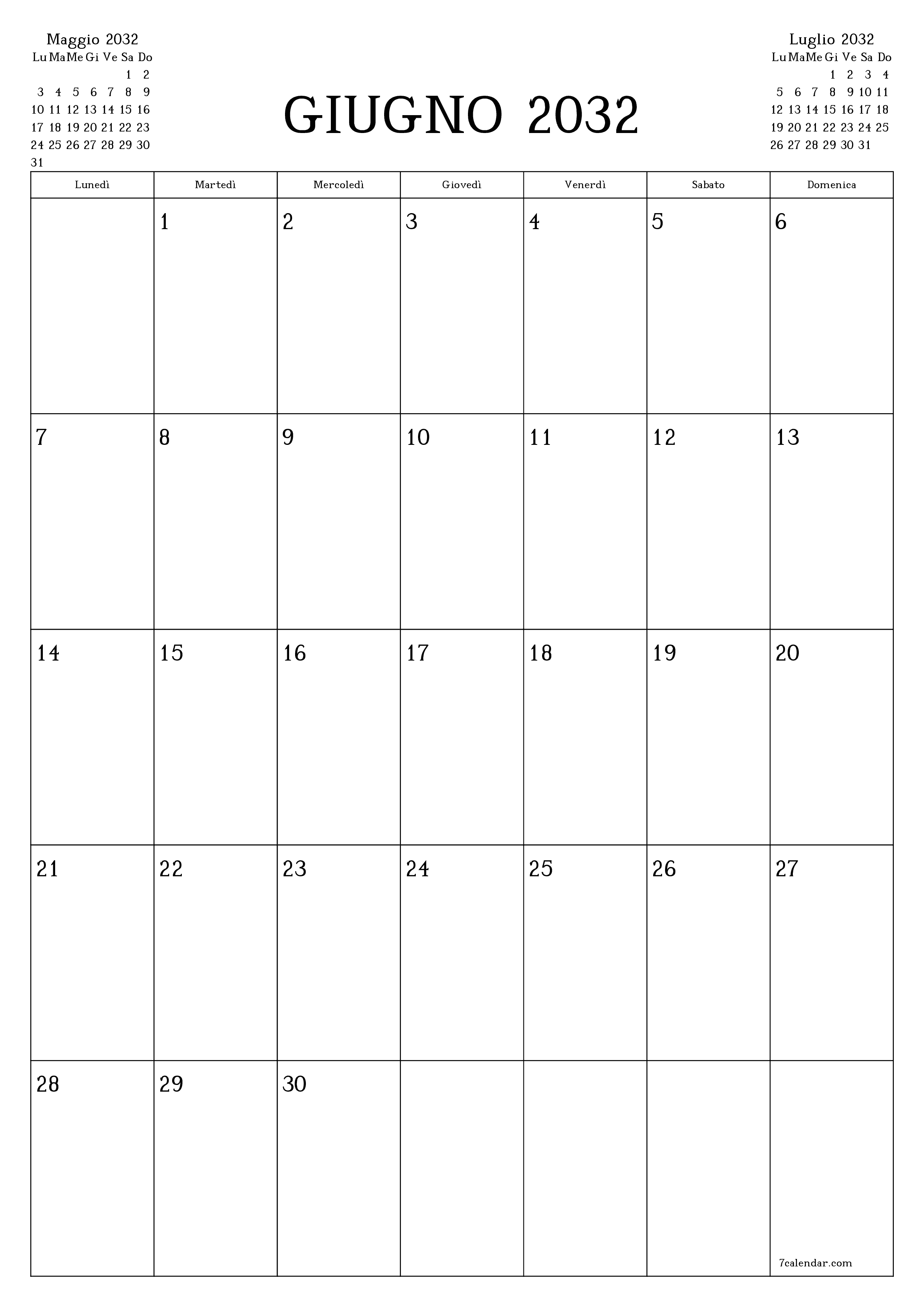 Pianificatore mensile vuoto per il mese Giugno 2032 con note, salva e stampa in PDF PNG Italian