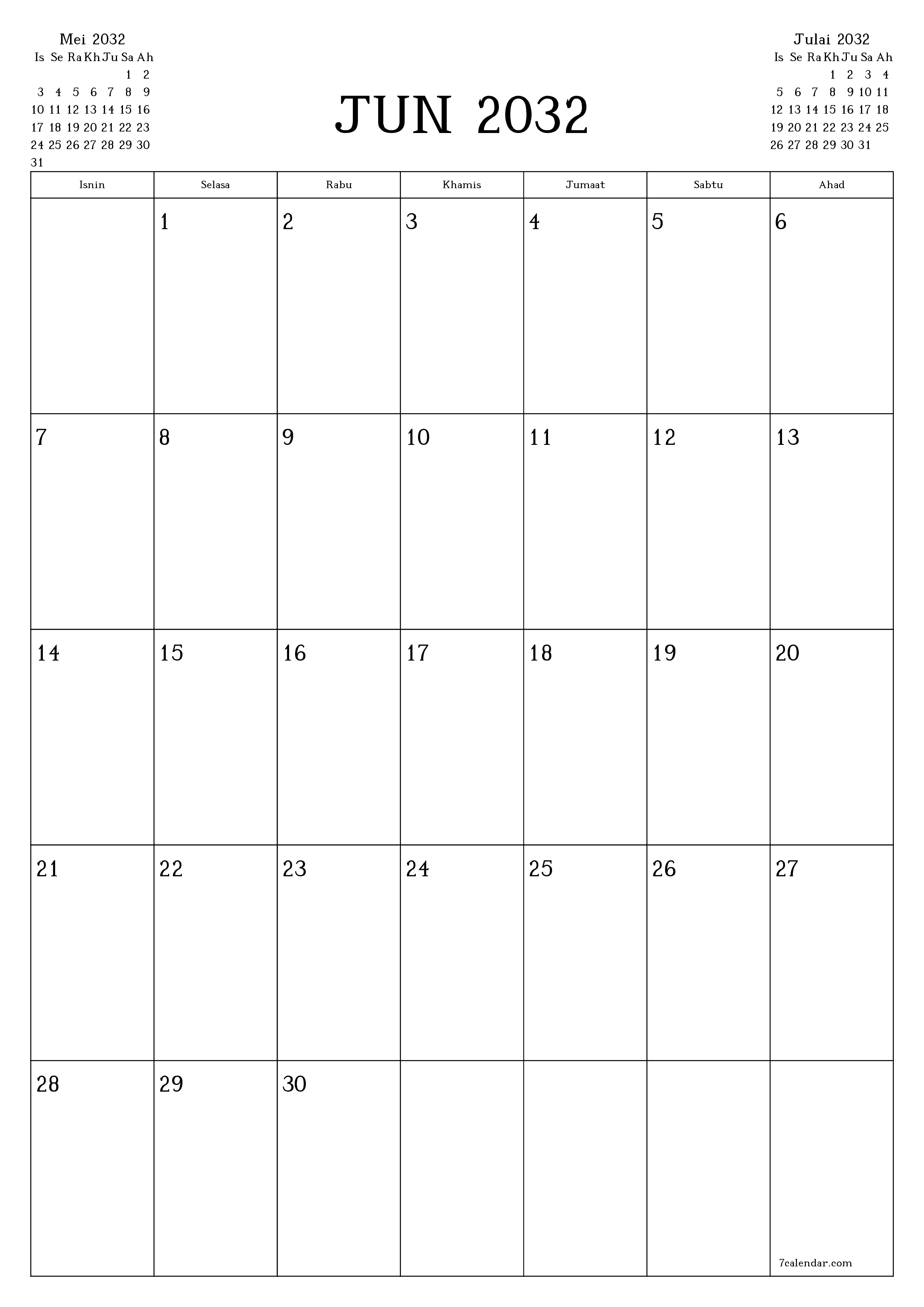 Perancang bulanan kosong untuk bulan Jun 2032 dengan nota, simpan dan cetak ke PDF PNG Malay