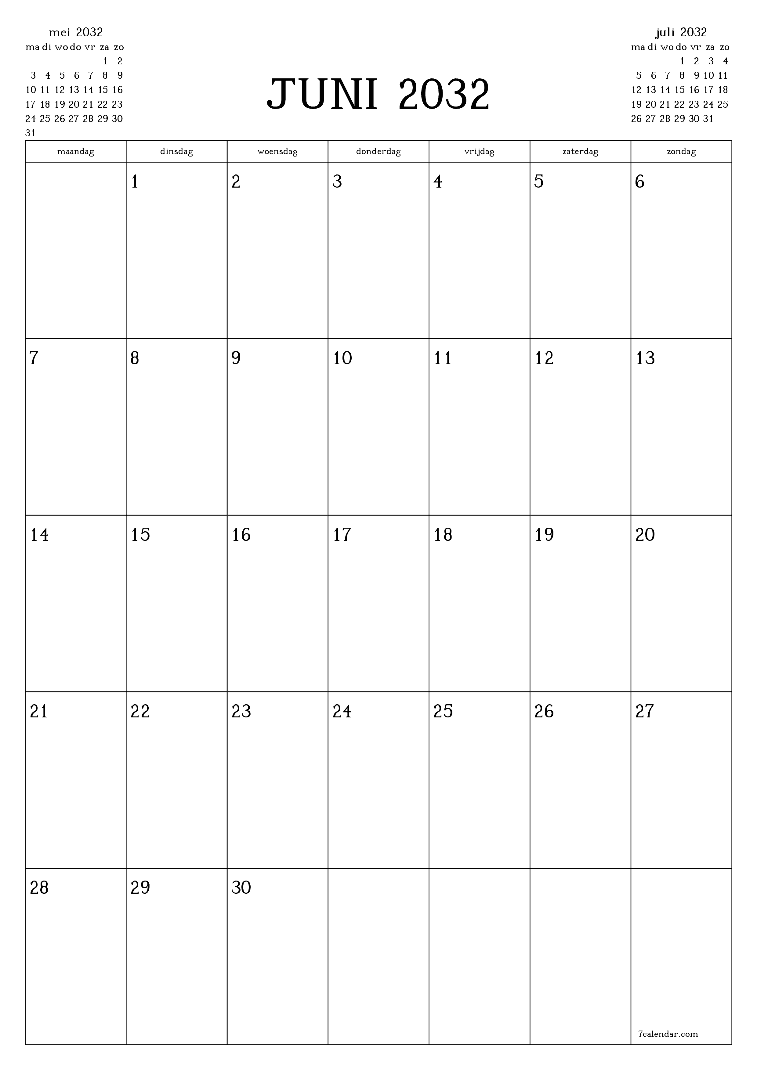 afdrukbare muur sjabloon gratis verticaal Maandelijks planner kalender juni (jun) 2032