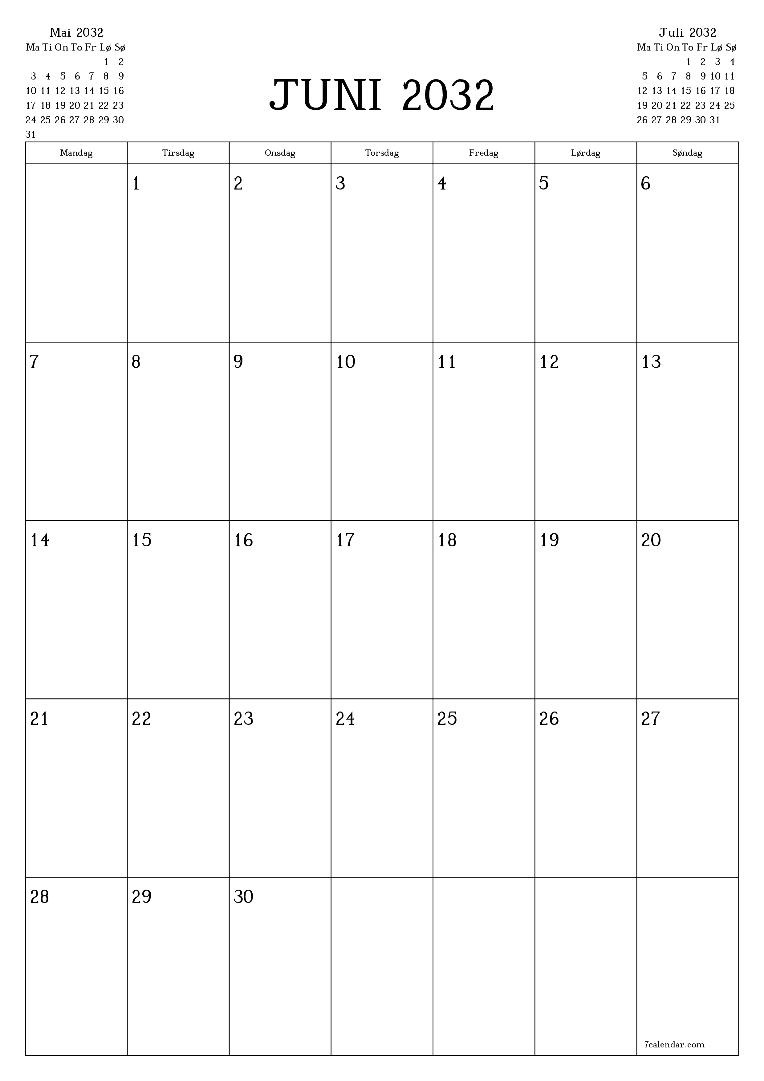 utskrivbar vegg mal gratis vertikal Månedlig planlegger kalender Juni (Jun) 2032