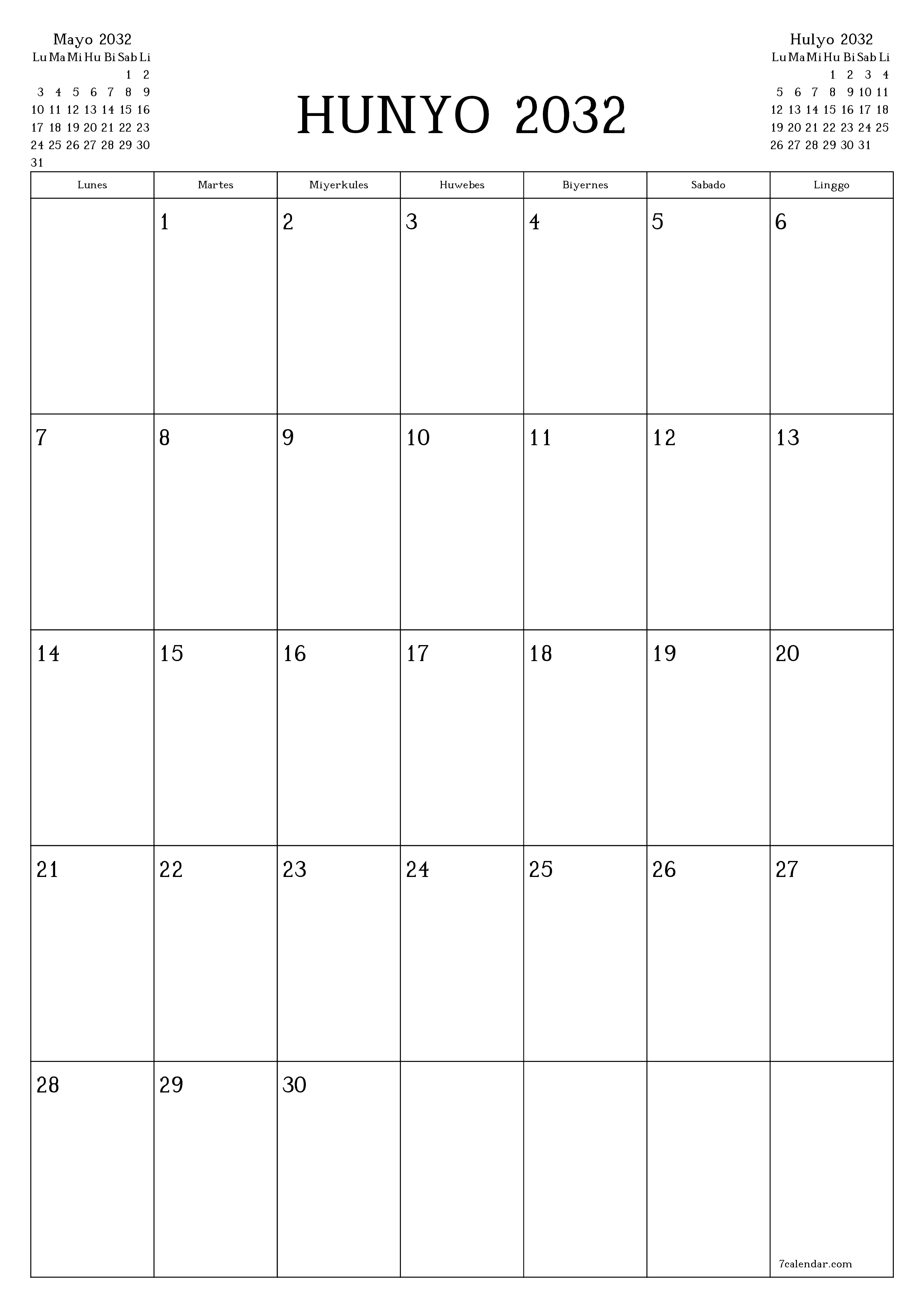 Walang laman na buwanang tagaplano para sa buwan na Hunyo 2032 na may mga tala, i-save at i-print sa PDF PNG Filipino