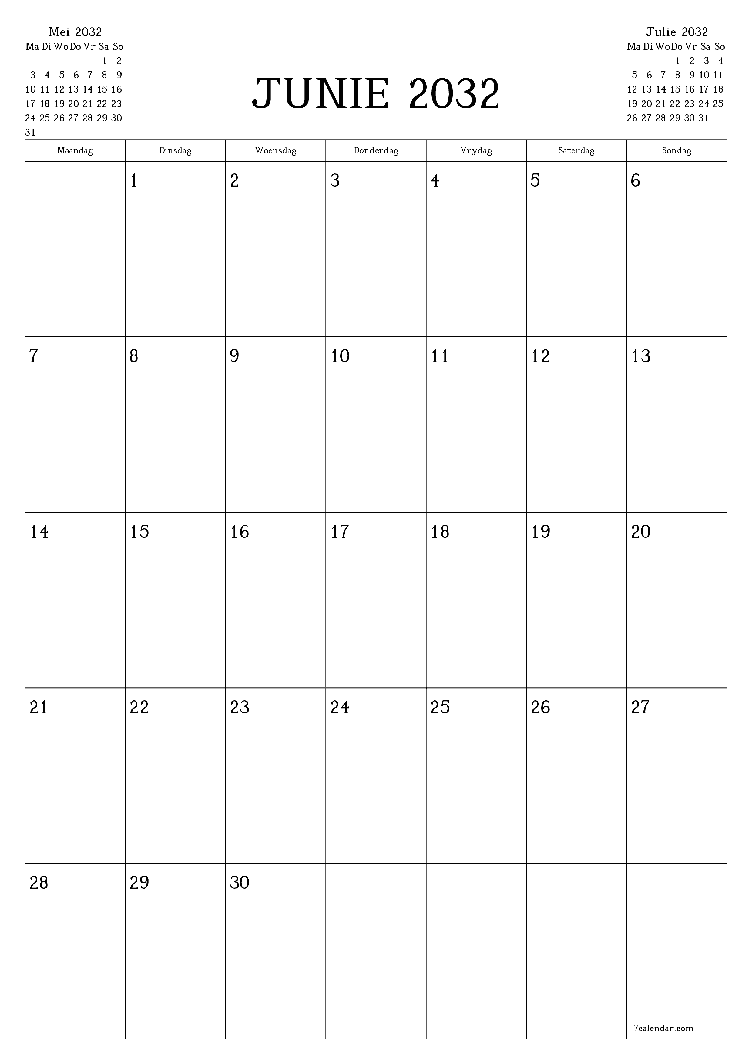 drukbare muur template gratis vertikaal Maandeliks beplanner kalender Junie (Jun) 2032