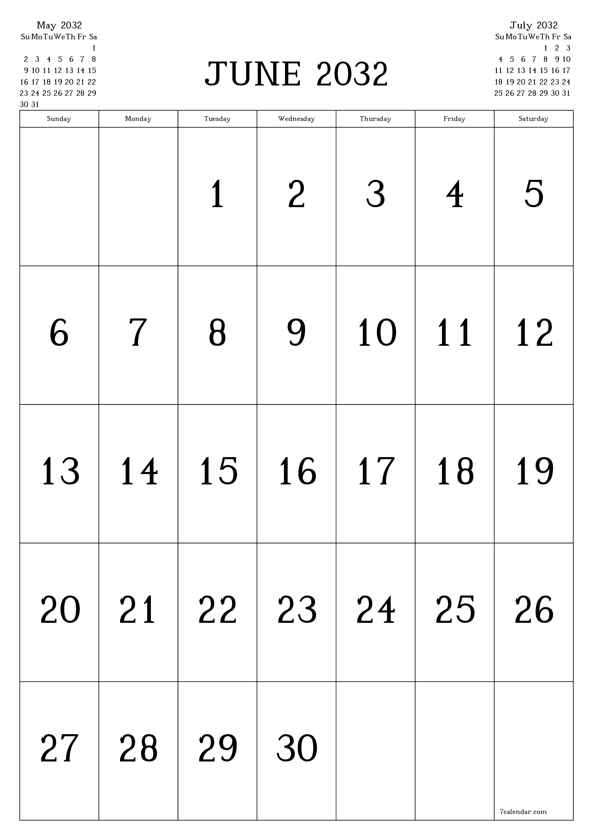 Blank calendar June 2032