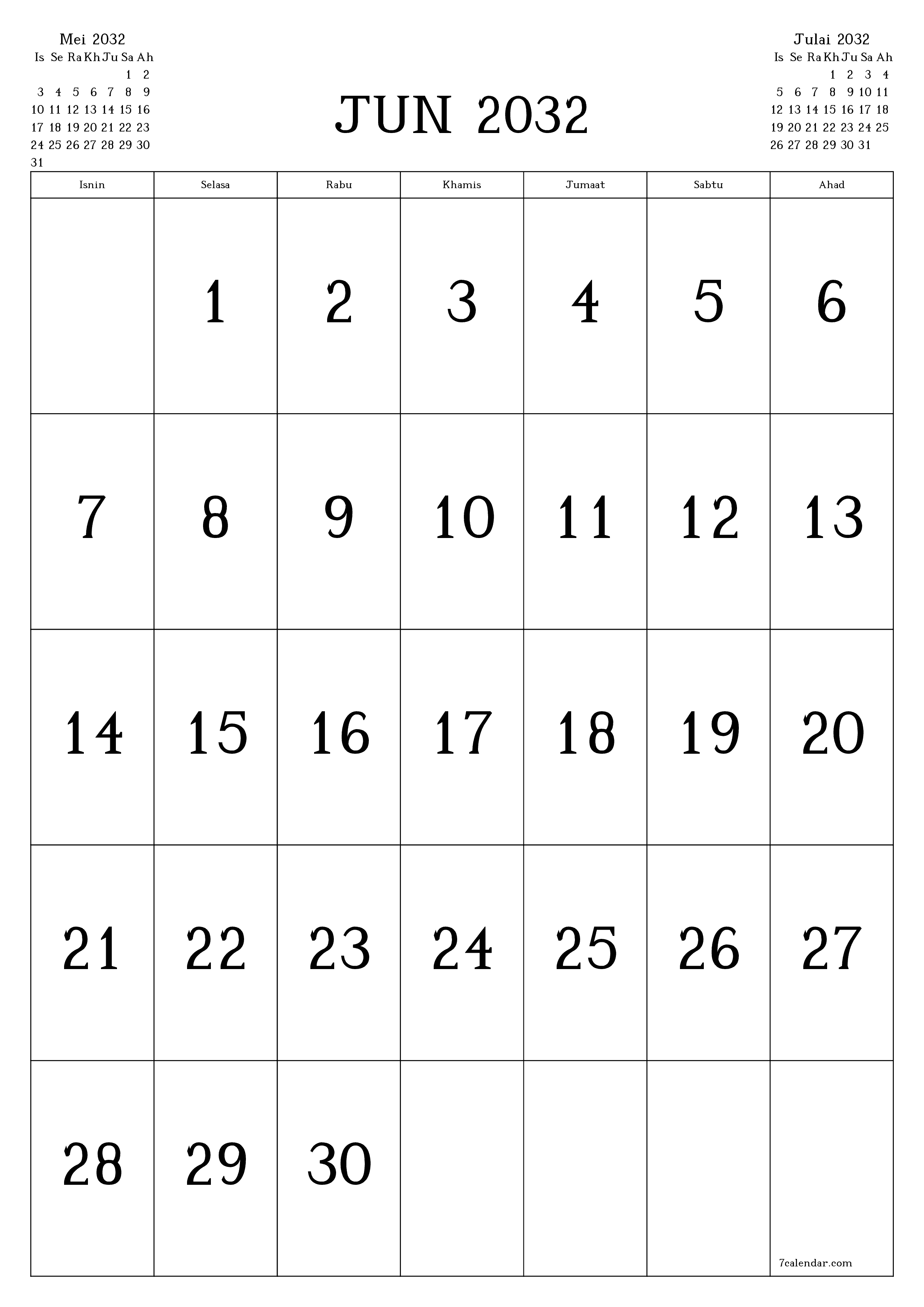 Perancang bulanan kosong untuk bulan Jun 2032 dengan nota, simpan dan cetak ke PDF PNG Malay