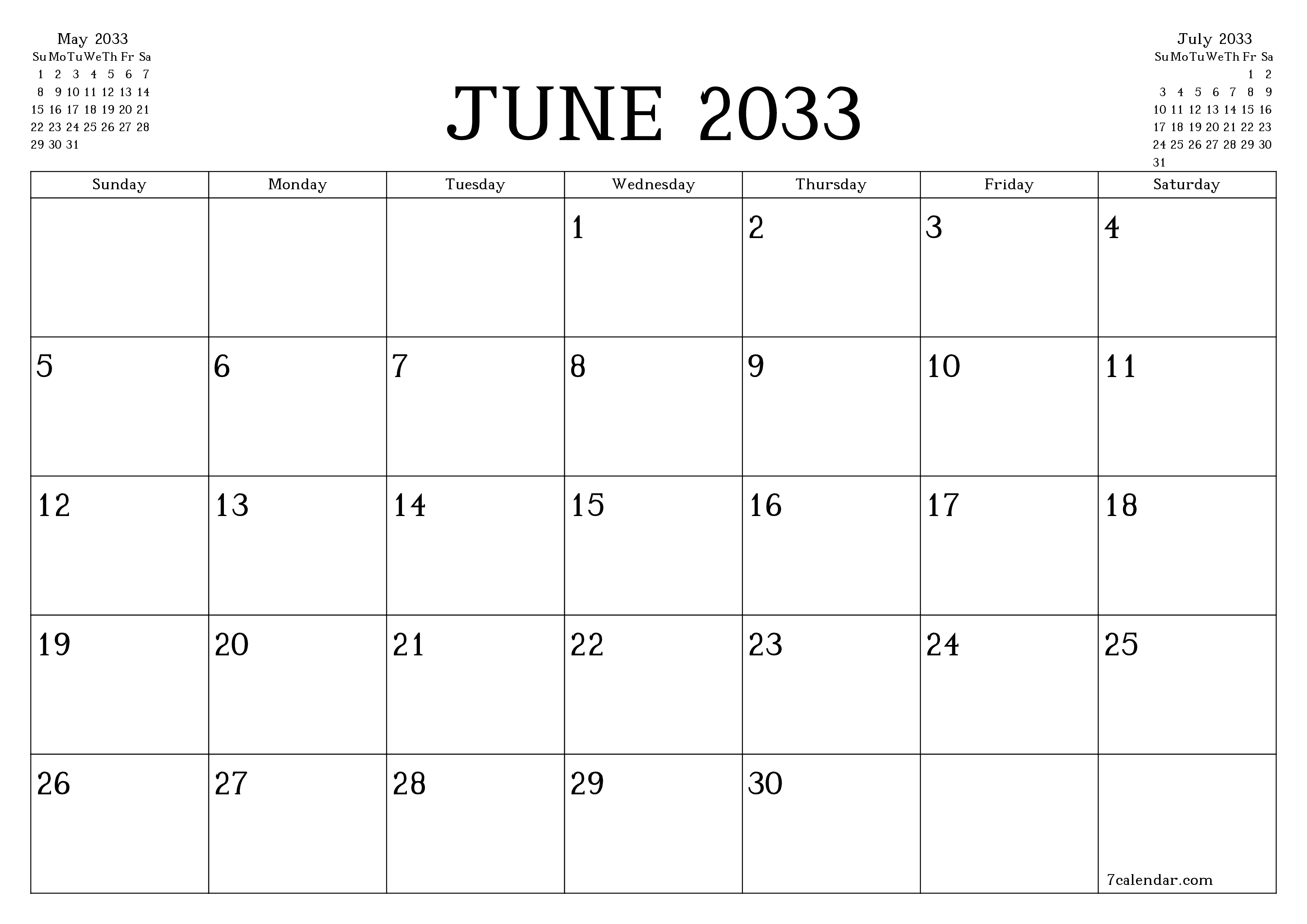 Blank calendar June 2033