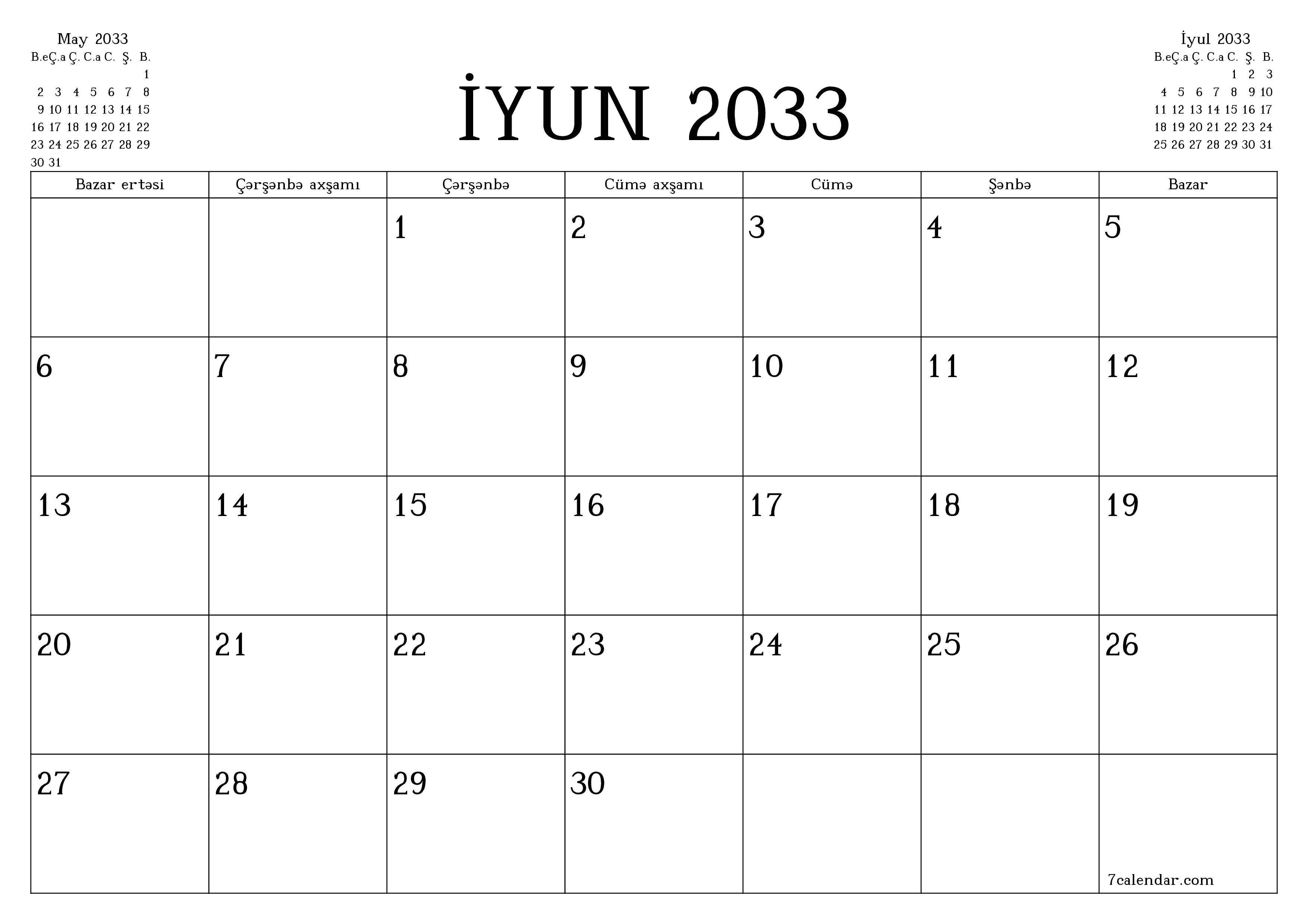 İyun 2033 ayı üçün qeydlər ilə boş aylıq planlayıcı, qeyd edin və PDF-ə yazdırın PNG Azerbaijani