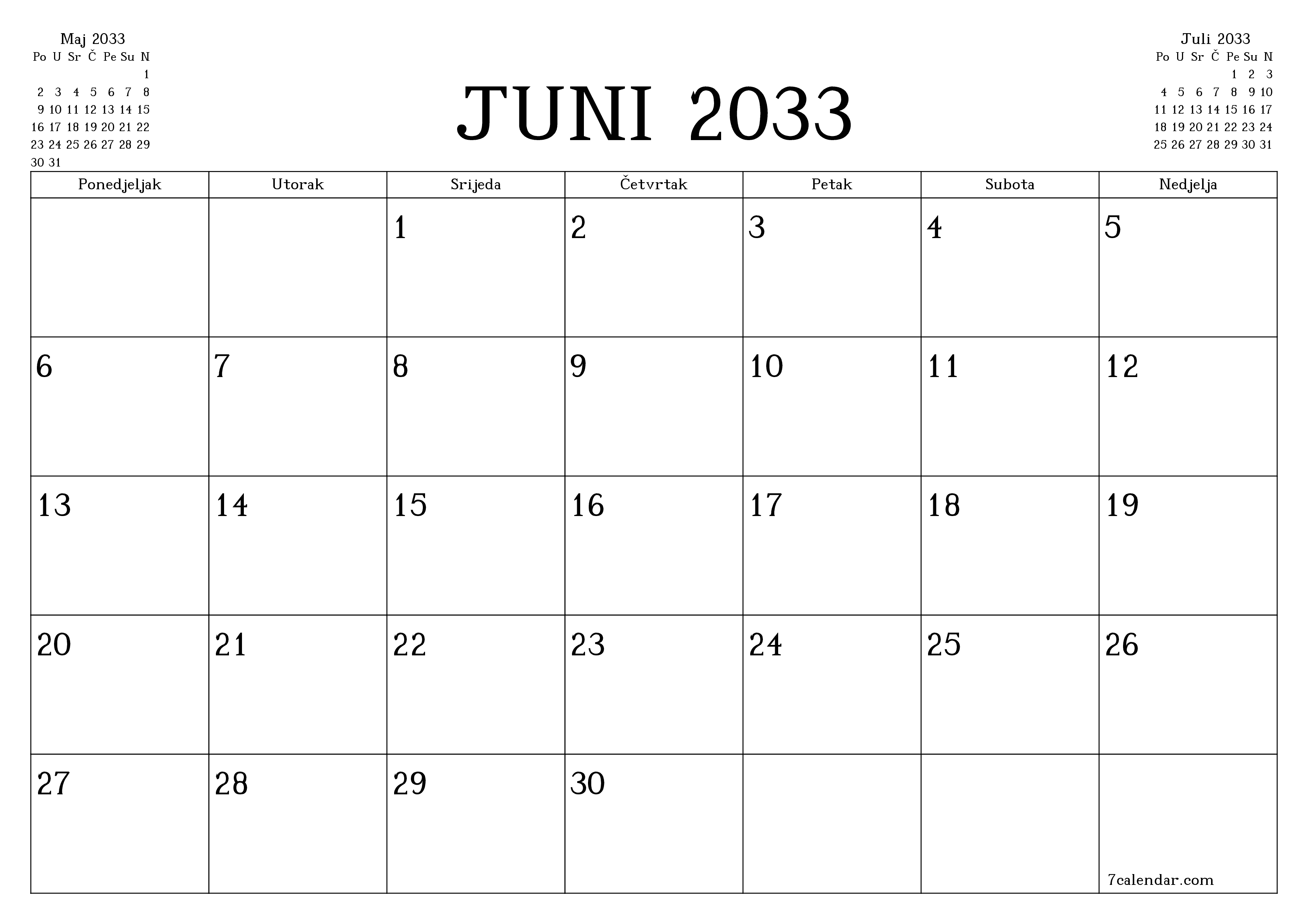  za štampanje zidni šablon a besplatni horizontalno Mjesečno planer kalendar Juni (Jun) 2033