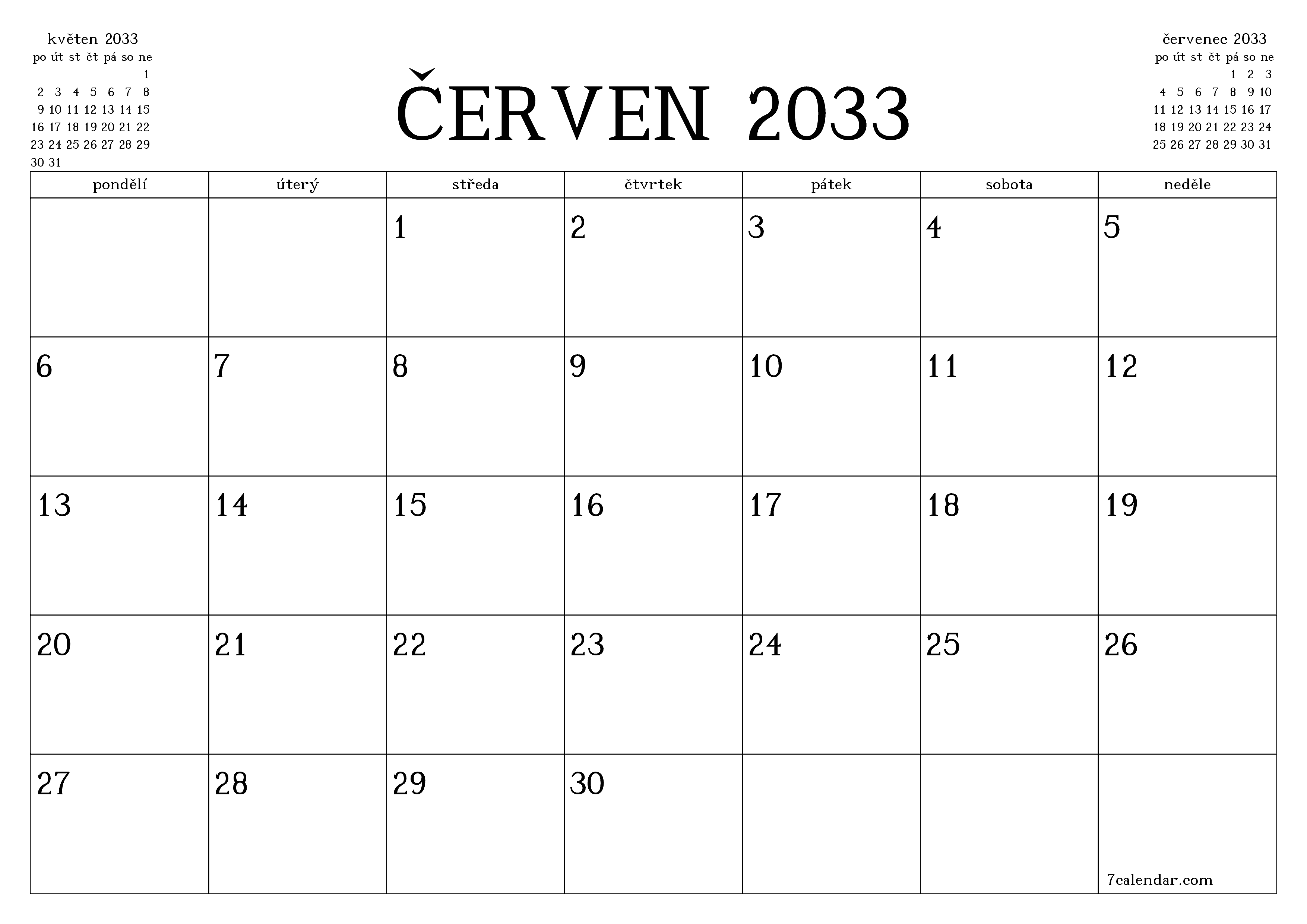Vyprázdnit měsíční plánovač na měsíc červen 2033 s poznámkami, uložit a vytisknout do PDF PNG Czech