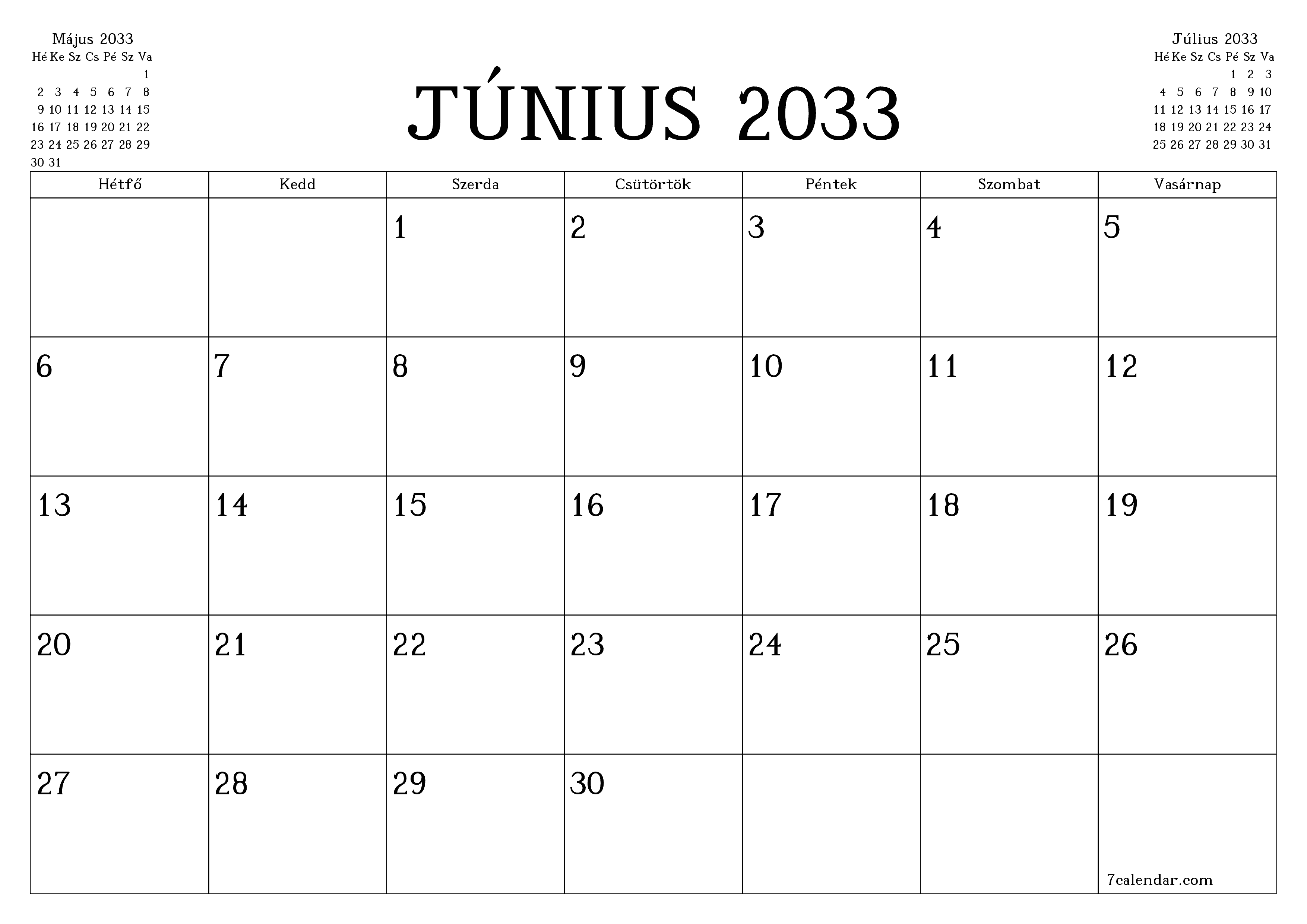 Üres havi tervező a Június 2033 hónapra jegyzetekkel, mentés és nyomtatás PDF-be PNG Hungarian
