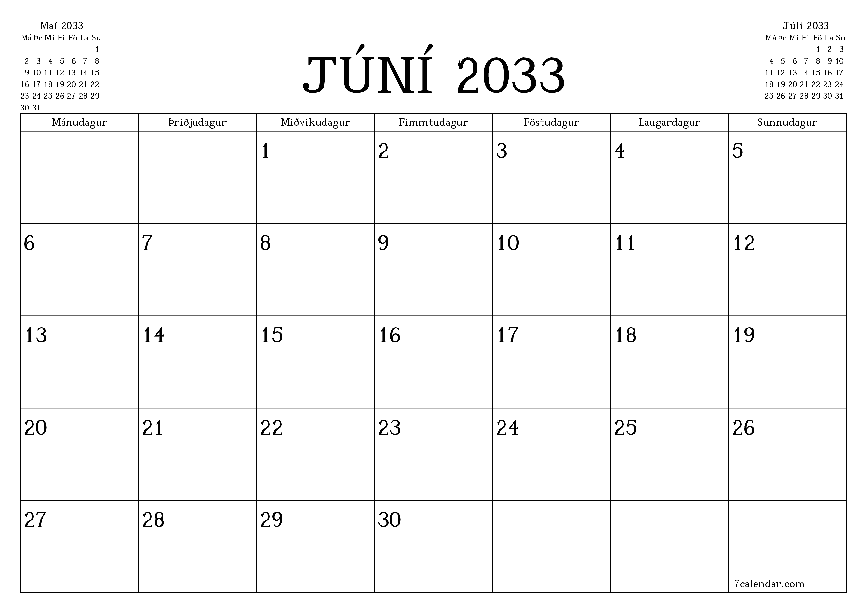 Tómur mánaðarlegur skipuleggjandi fyrir mánuðinn Júní 2033 með athugasemdum, vista og prenta á PDF PNG Icelandic