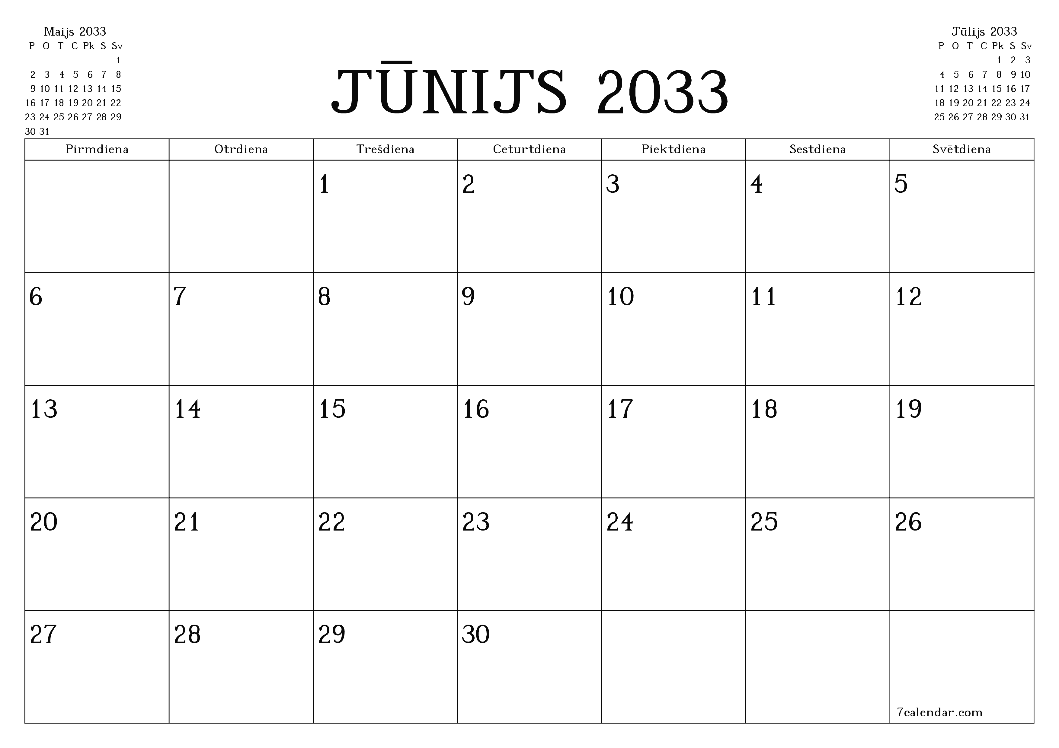 Iztukšot mēneša plānotāju mēnesim Jūnijs 2033 ar piezīmēm, saglabāt un izdrukāt PDF formātā PNG Latvian
