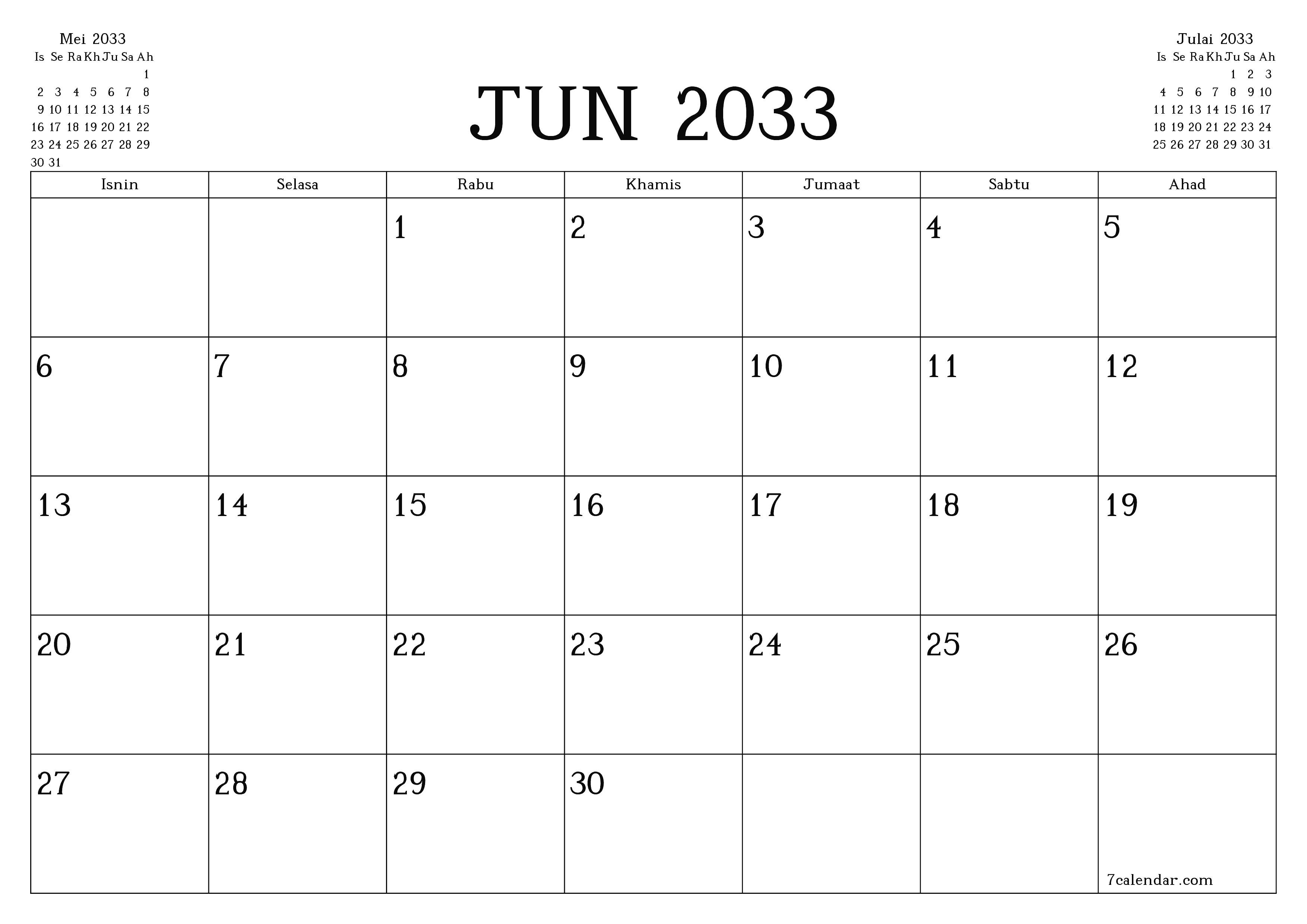 Perancang bulanan kosong untuk bulan Jun 2033 dengan nota, simpan dan cetak ke PDF PNG Malay