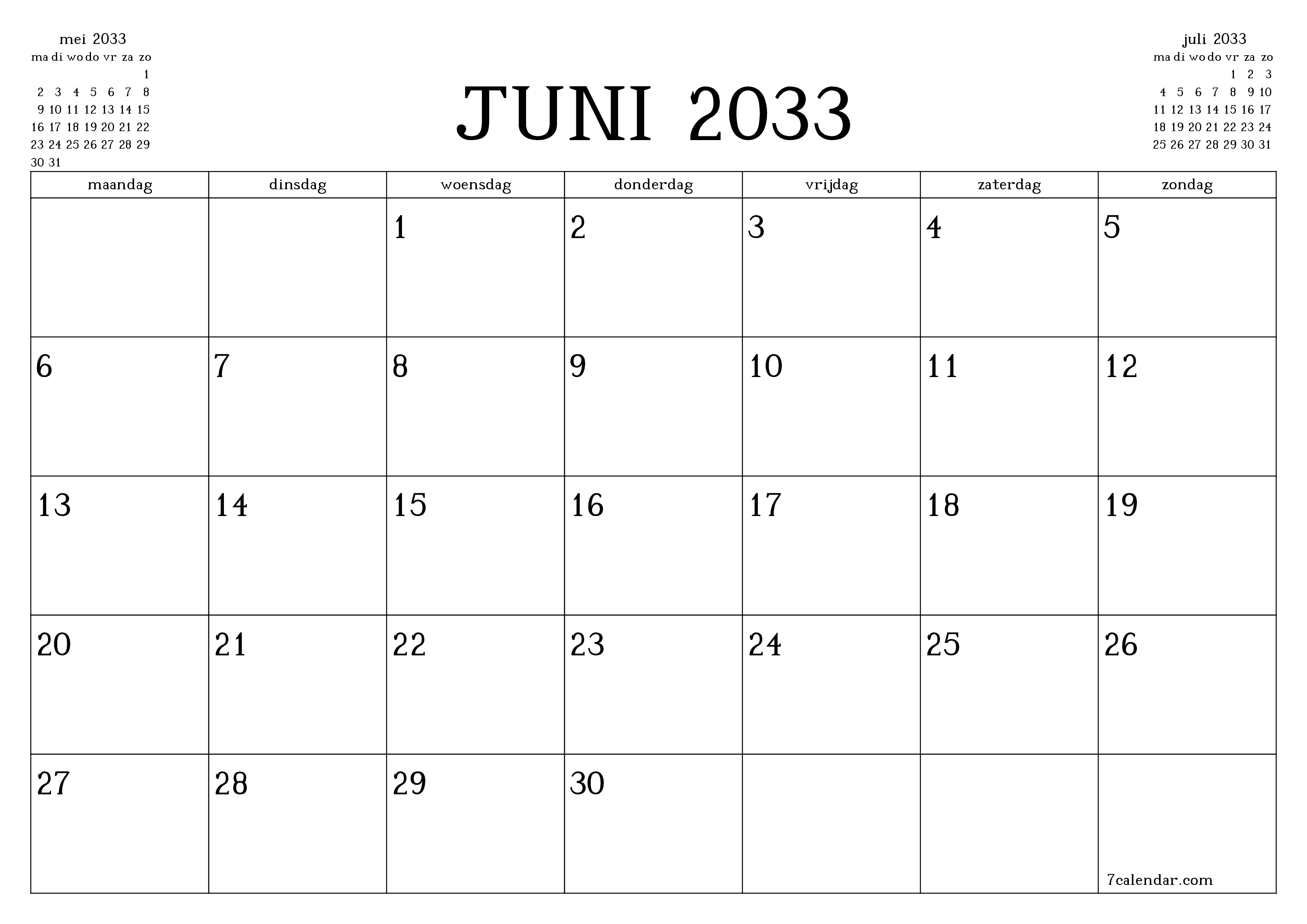 Lege maandplanner voor maand juni 2033 met notities, opslaan en afdrukken naar pdf PNG Dutch