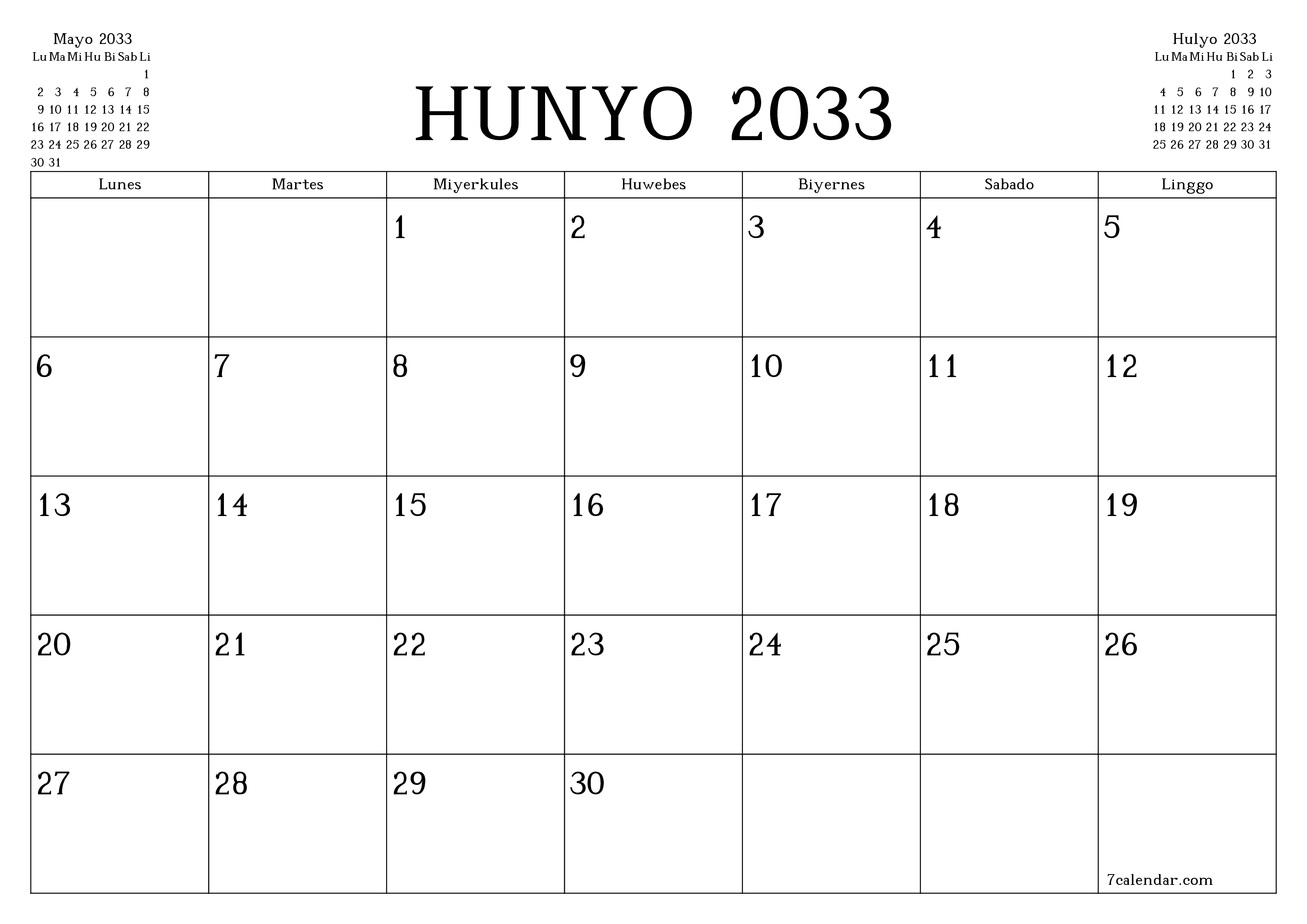 Walang laman na buwanang tagaplano para sa buwan na Hunyo 2033 na may mga tala, i-save at i-print sa PDF PNG Filipino