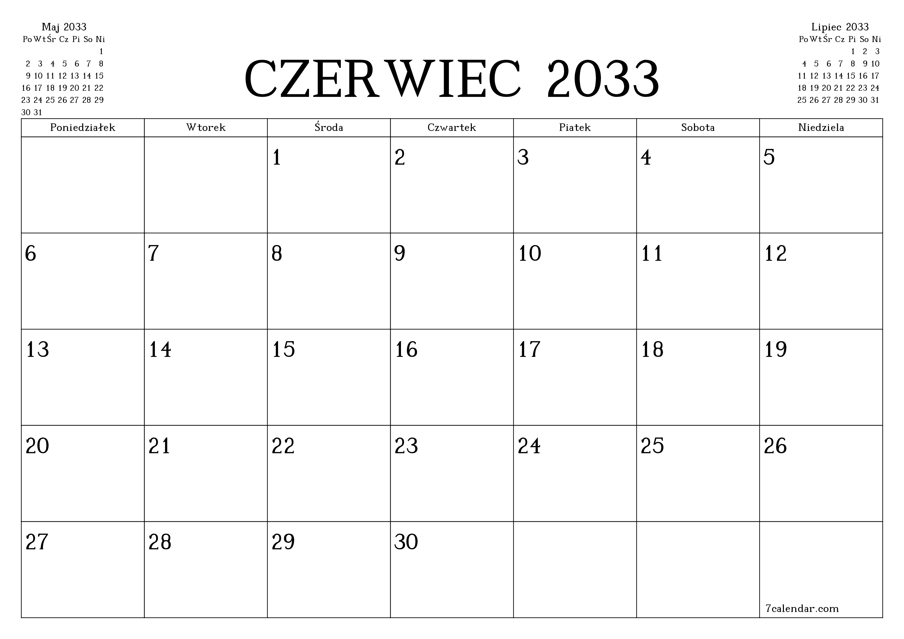 Opróżnij miesięczny planer na miesiąc Czerwiec 2033 z notatkami, zapisz i wydrukuj w formacie PDF PNG Polish