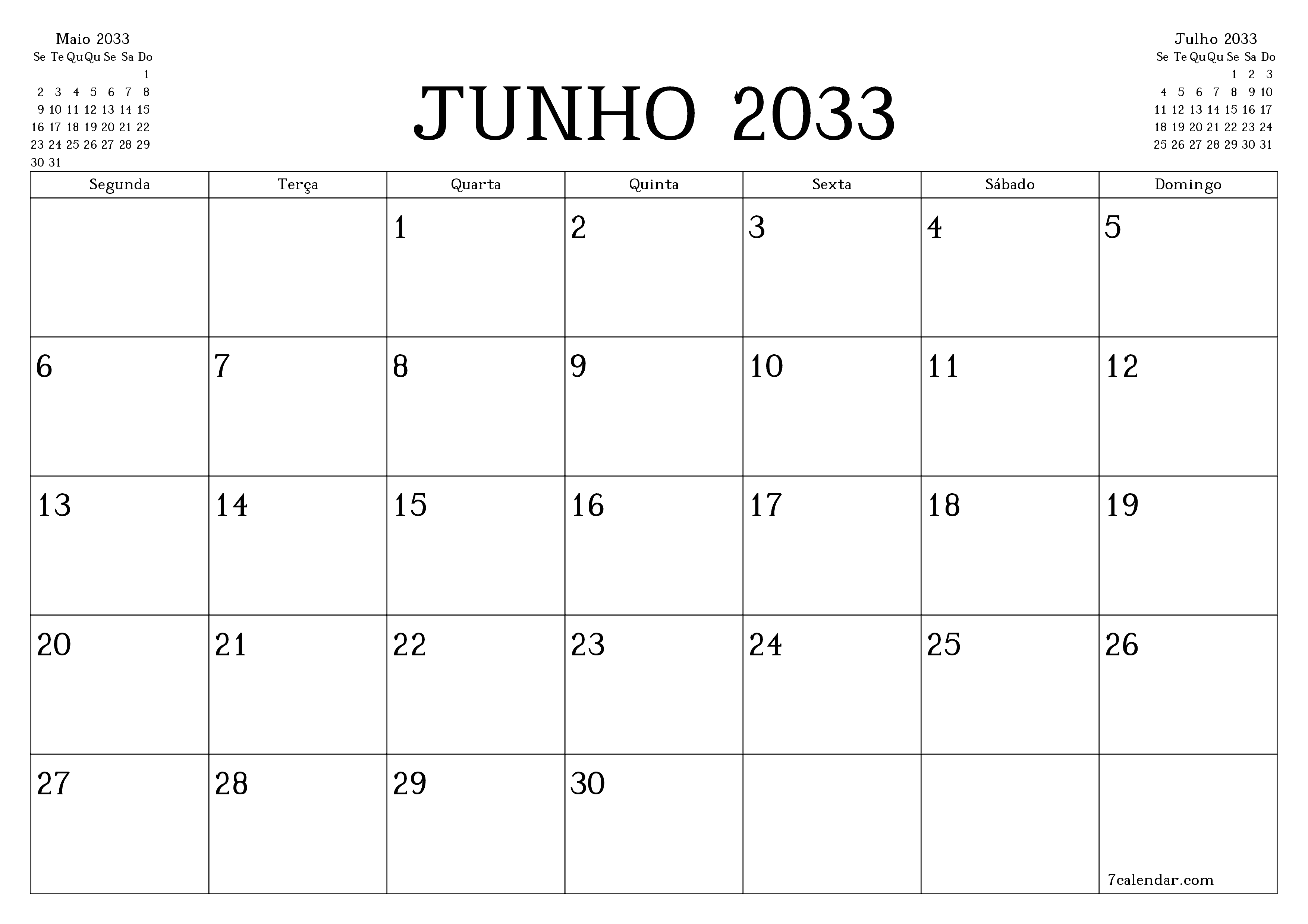 Esvazie o planejador mensal para o mês Junho 2033 com notas, salve e imprima em PDF PNG Portuguese