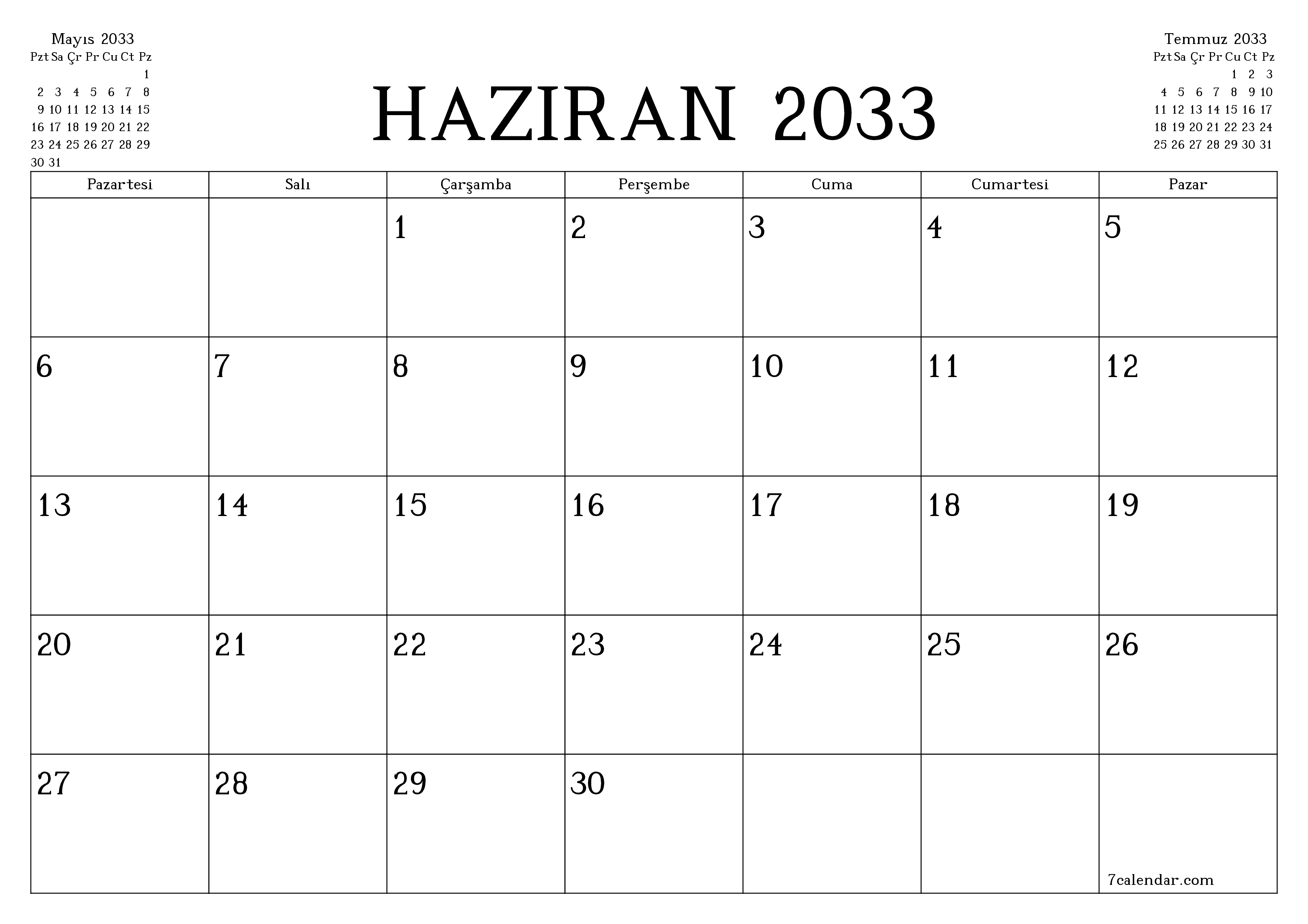 Haziran 2033 ayı için notlarla birlikte boş aylık planlayıcı, kaydedin ve PDF'ye yazdırın PNG Turkish