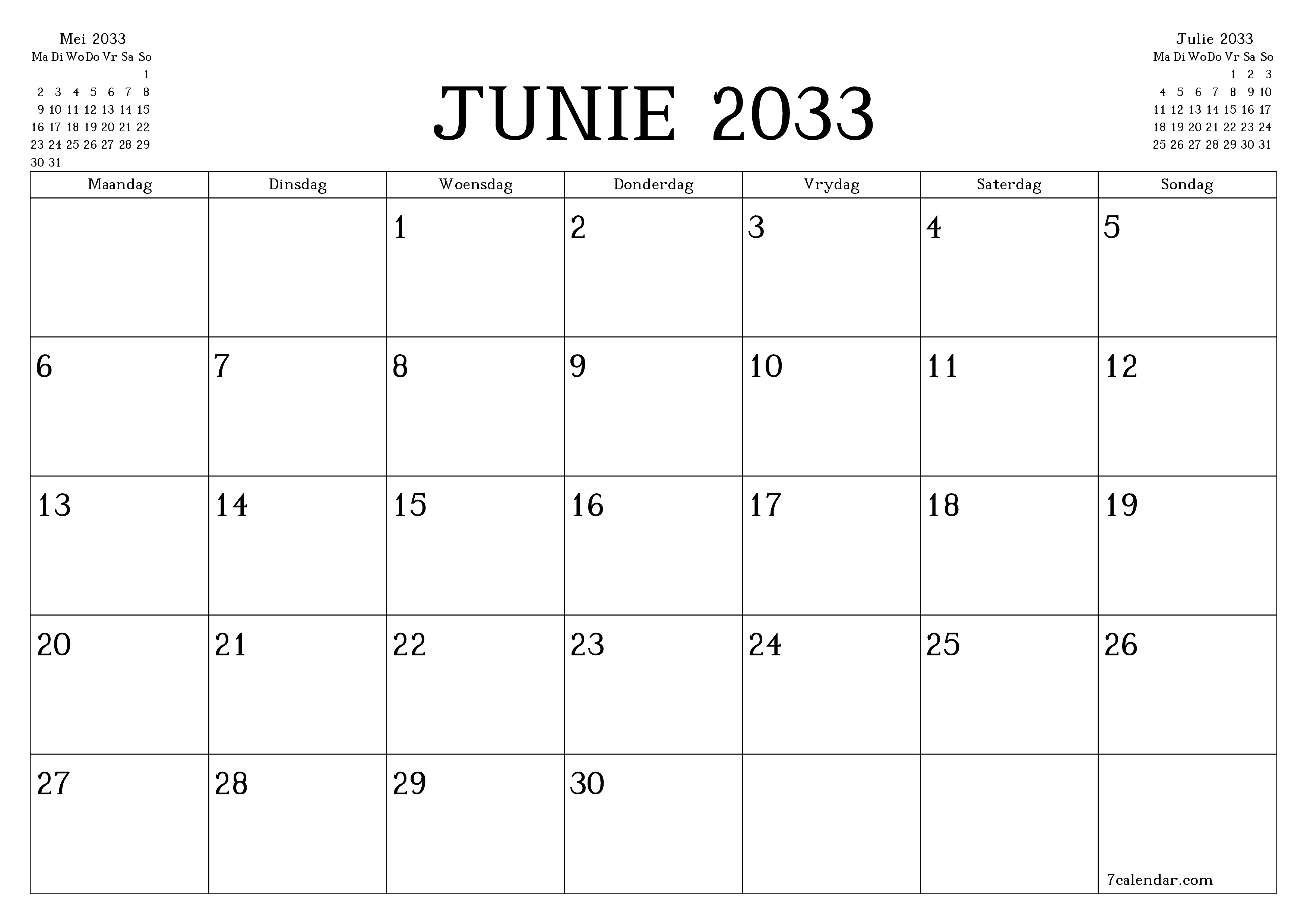 Leë maandelikse drukbare kalender en beplanner vir maand Junie 2033 met notas stoor en druk na PDF PNG Afrikaans