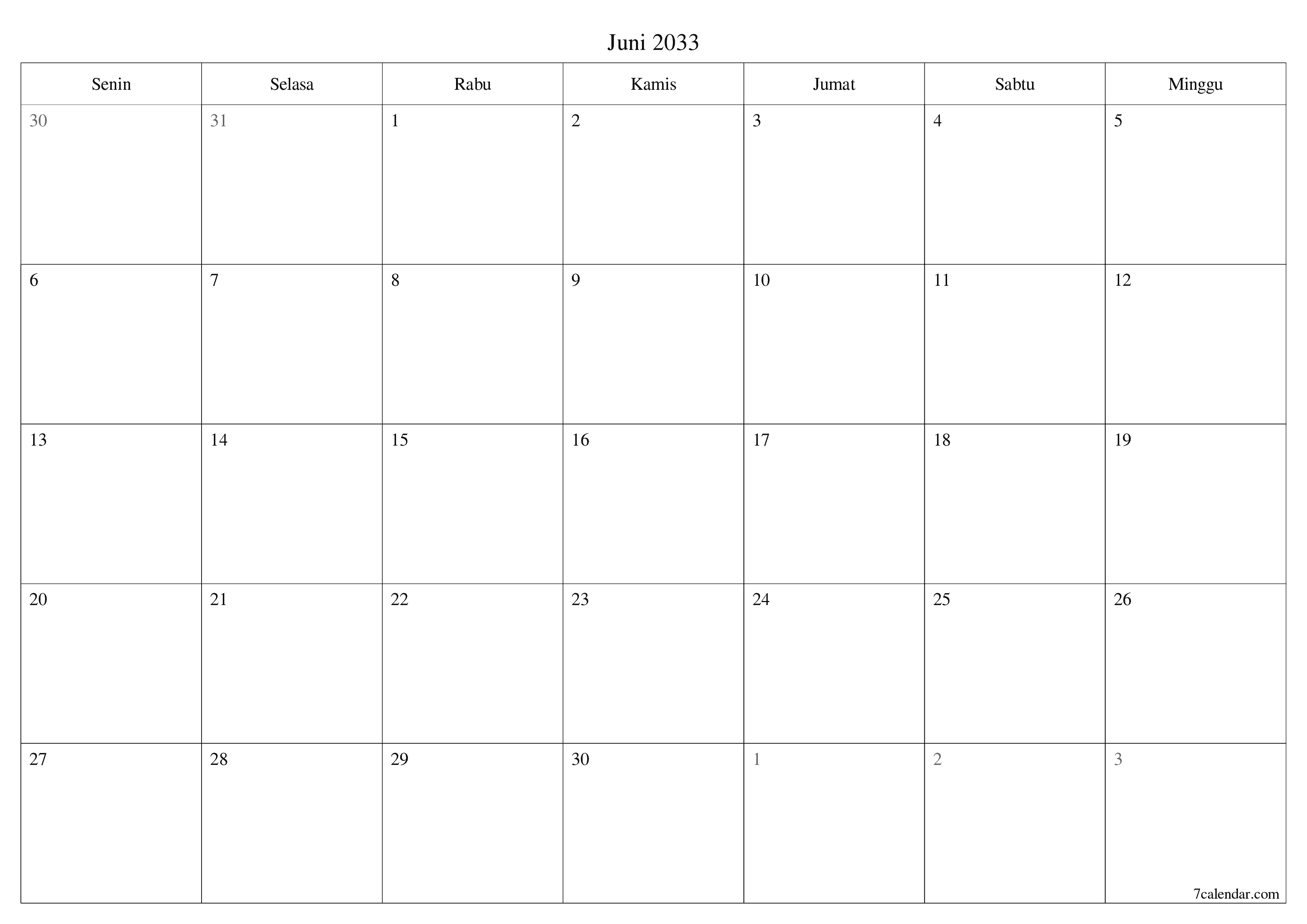 Kosongkan agenda bulanan untuk bulan Juni 2033 dengan catatan, simpan dan cetak ke PDF PNG Indonesian
