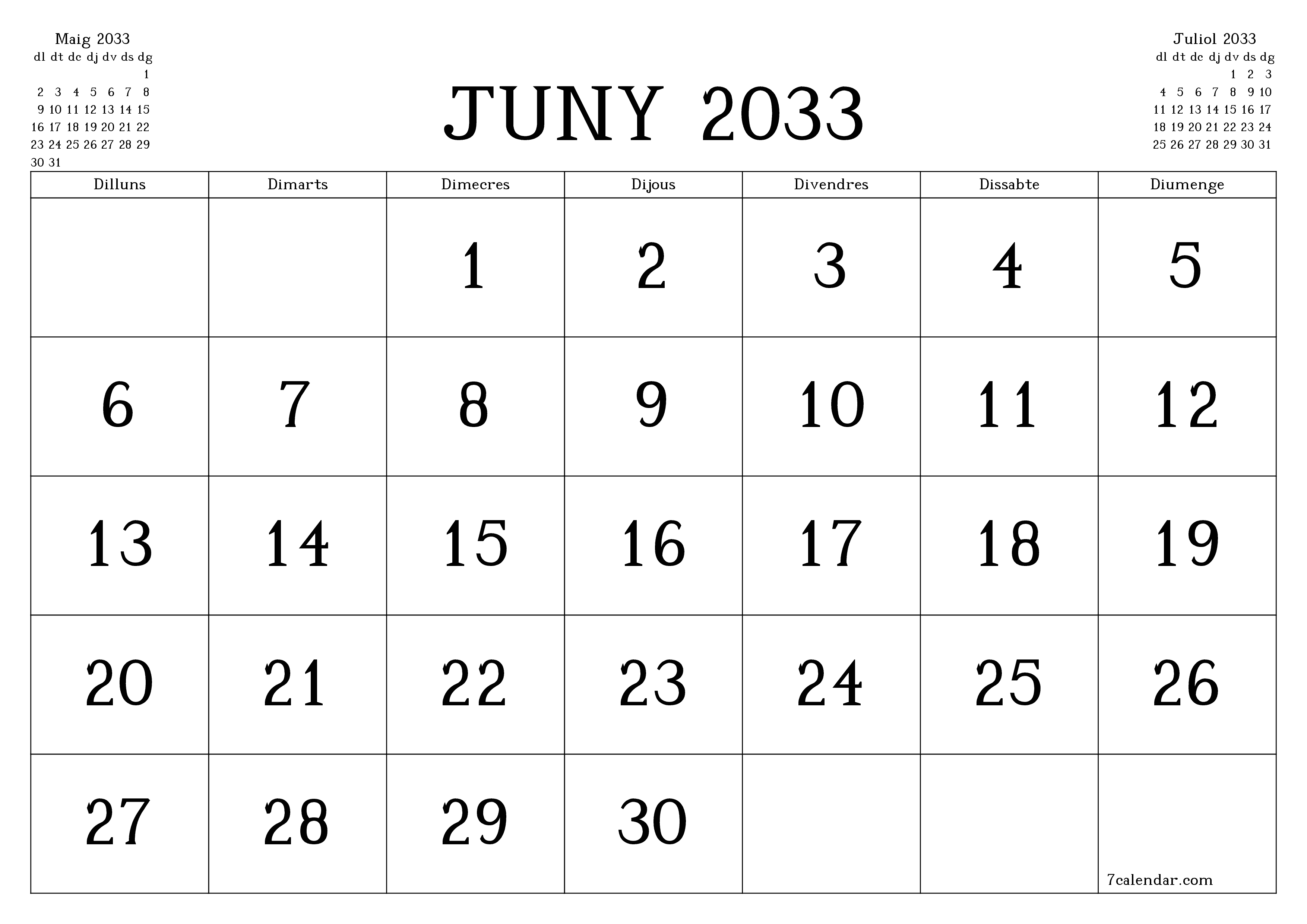 Planificador mensual buit del mes Juny 2033 amb notes, deseu-lo i imprimiu-lo en format PDF PNG Catalan
