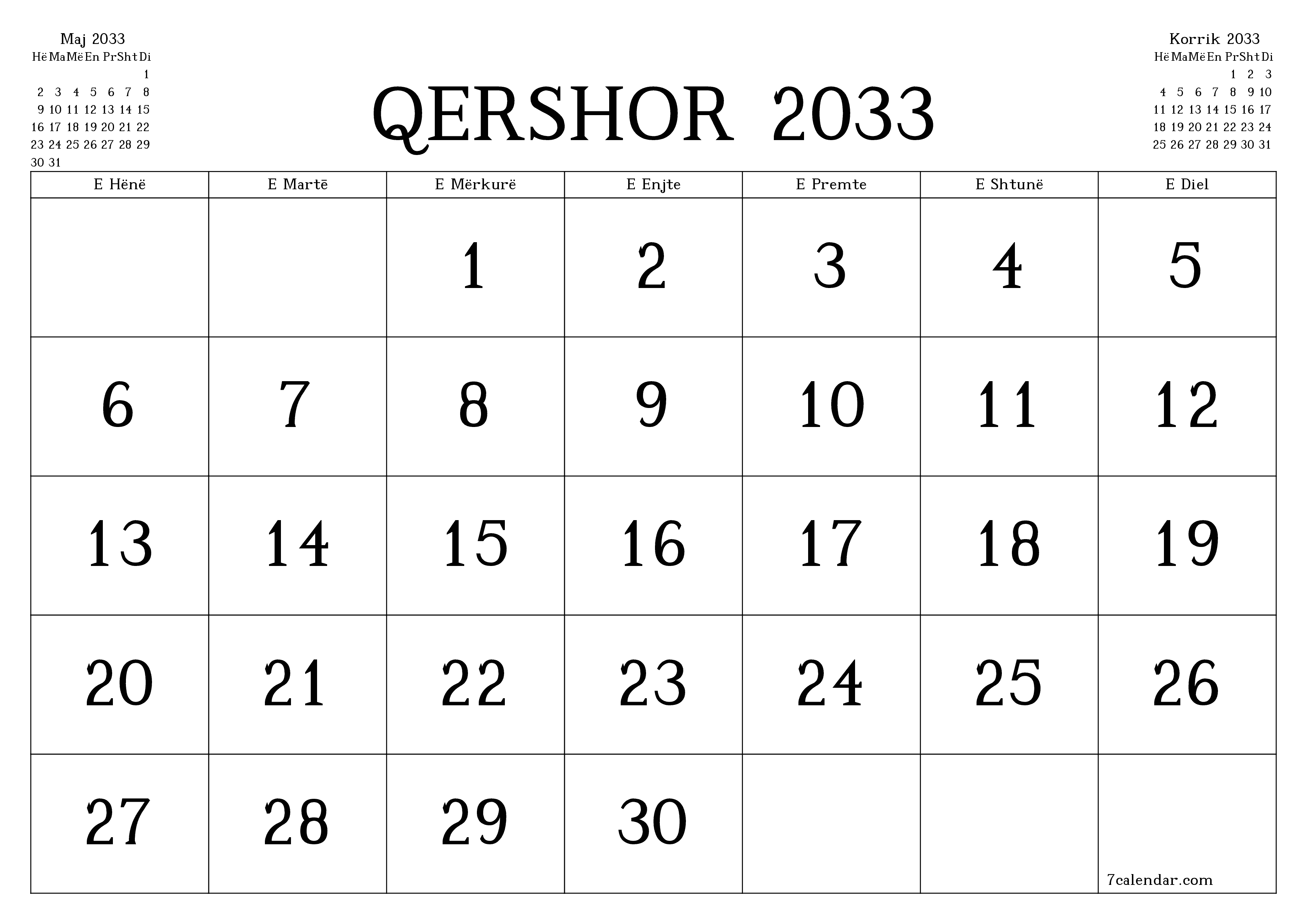 Planifikuesi i zbrazët i kalendarit mujor për muajin Qershor 2033 me shënime të ruajtura dhe të printuara në PDF PNG Albanian