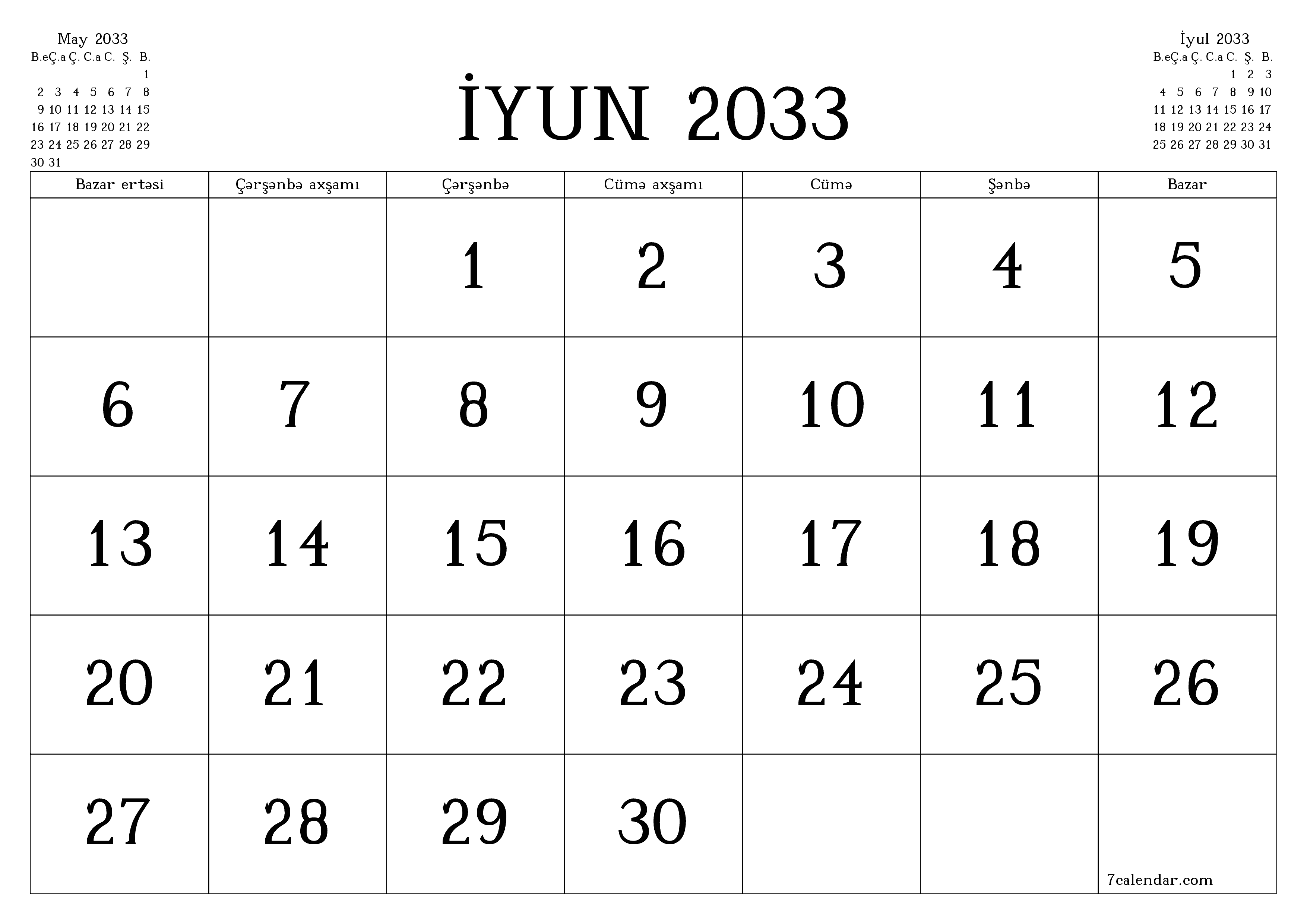 İyun 2033 ayı üçün qeydlər ilə boş aylıq planlayıcı, qeyd edin və PDF-ə yazdırın PNG Azerbaijani