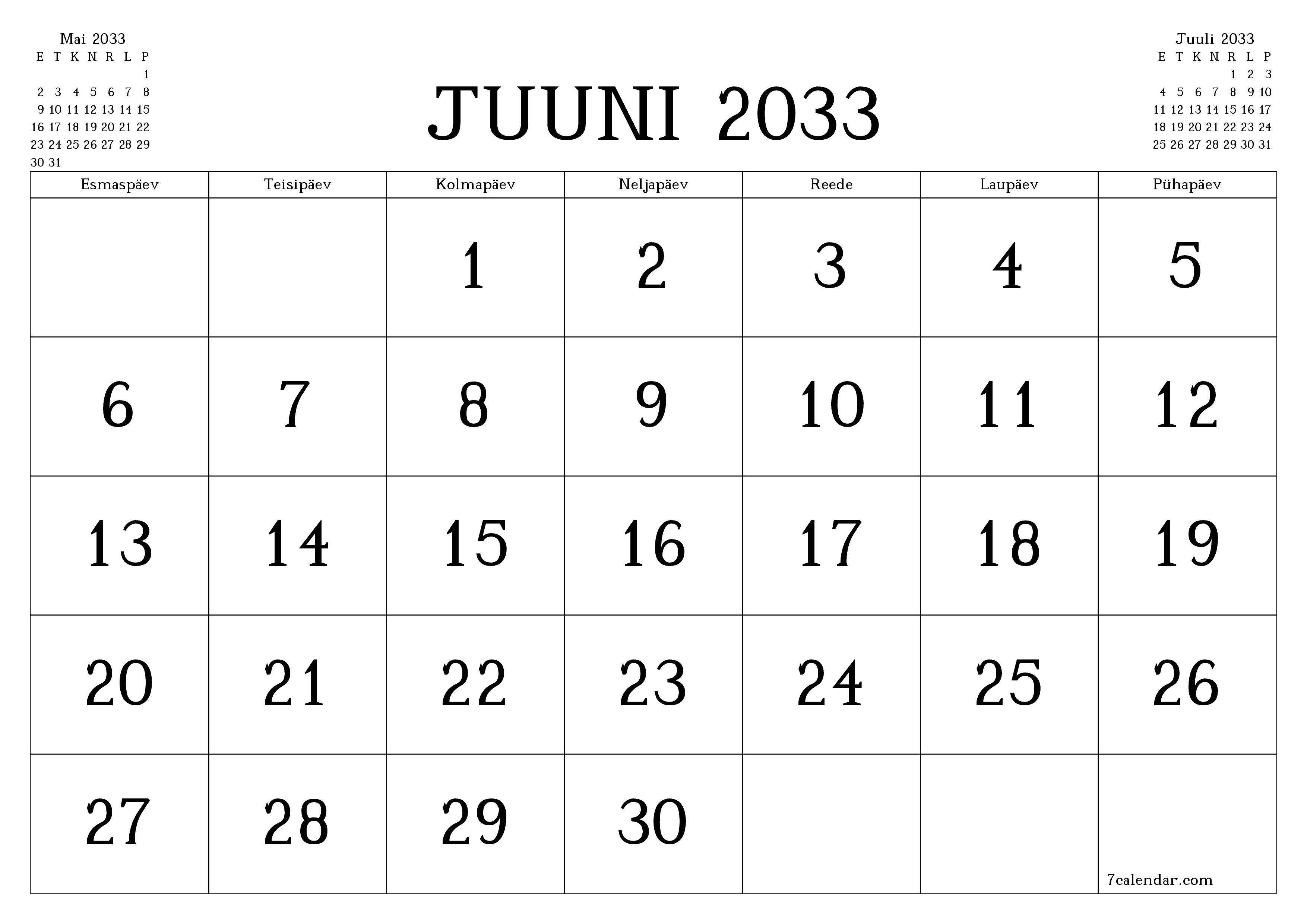 Tühjendage kuu Juuni 2033 kuuplaneerija märkmetega, salvestage ja printige PDF-i PNG Estonian