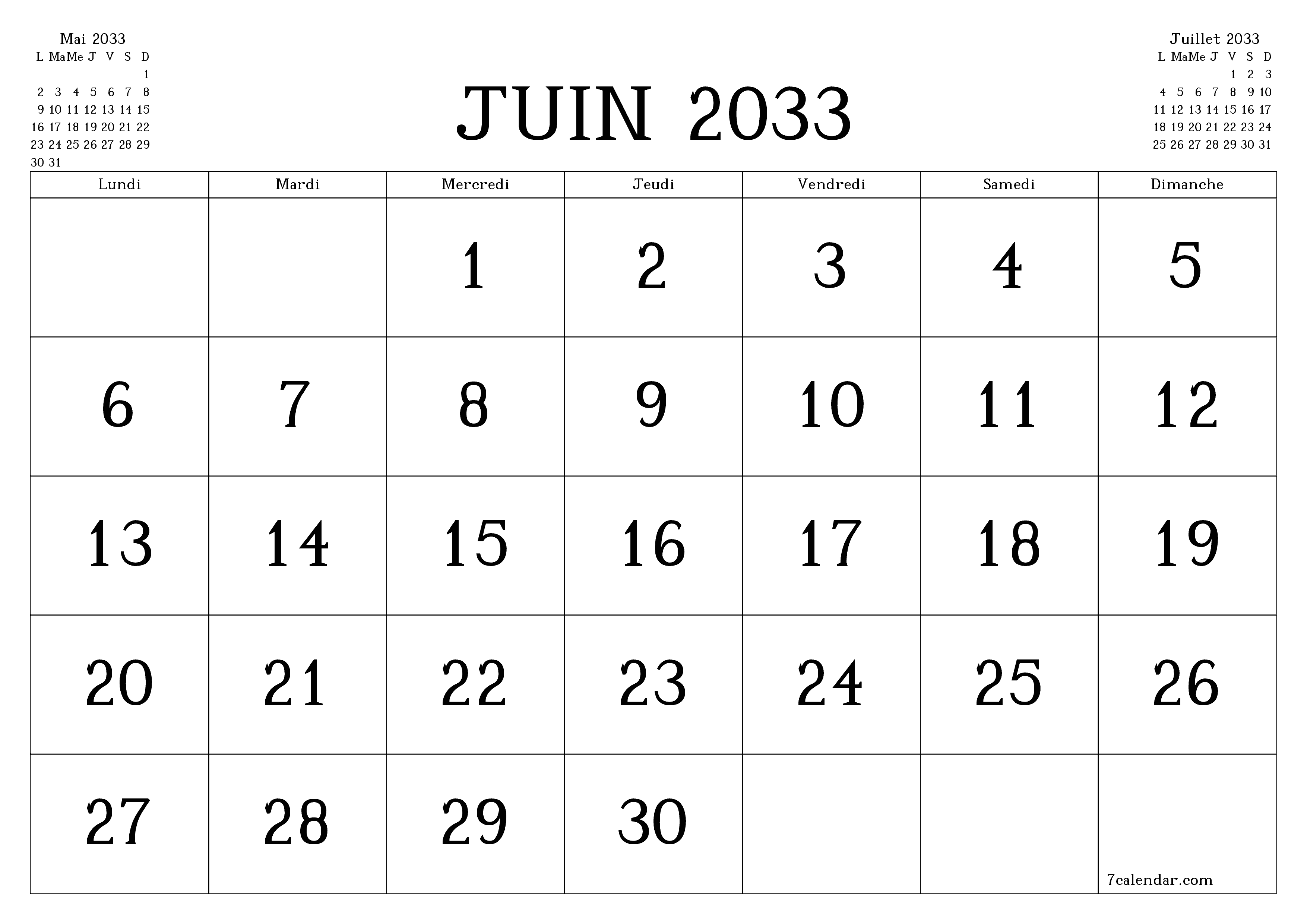Agenda mensuel vide pour le mois Juin 2033 avec notes, enregistrez et imprimez au format PDF PNG French