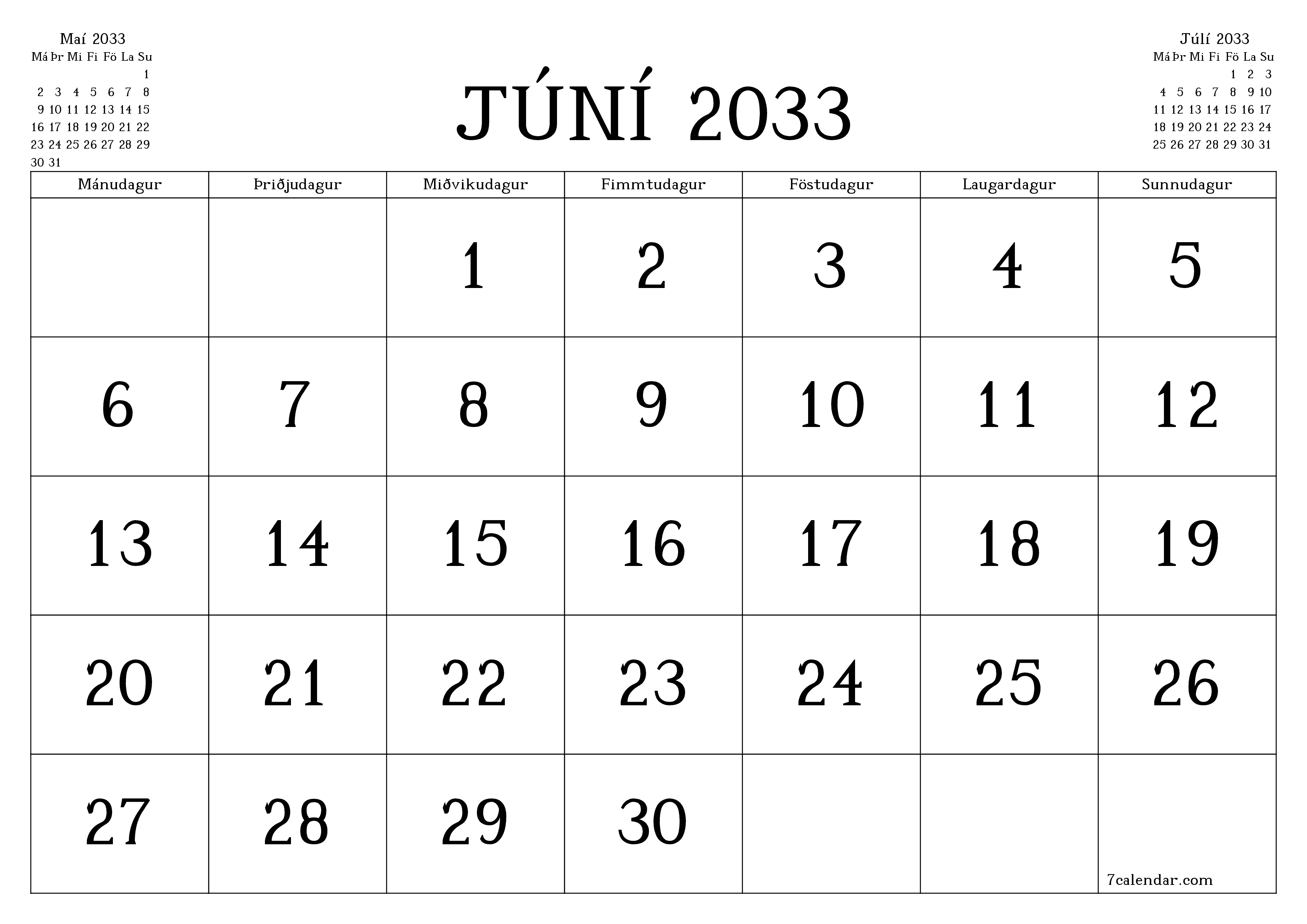 Tómur mánaðarlegur skipuleggjandi fyrir mánuðinn Júní 2033 með athugasemdum, vista og prenta á PDF PNG Icelandic